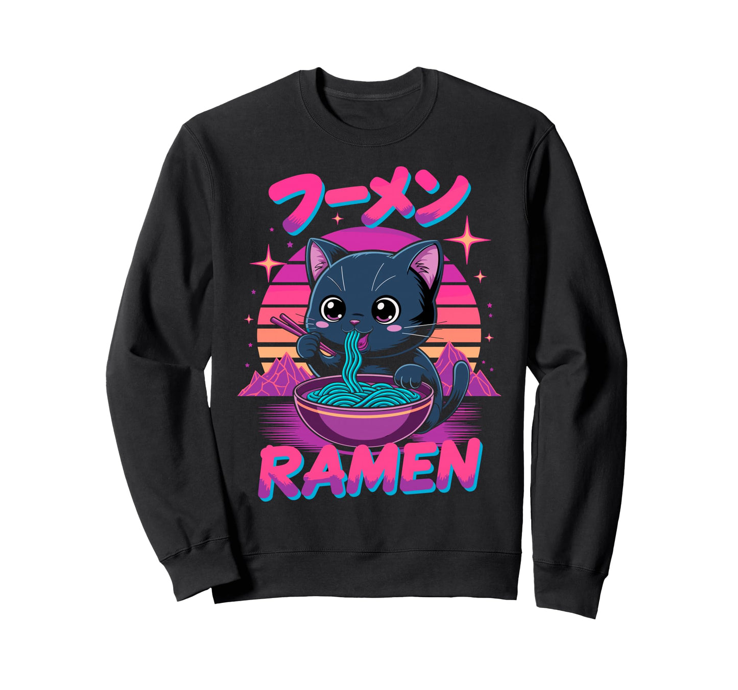 Synthwave Cat Ramen Anime Sweatshirt - Casual Everyday Wear Men Women - T-Shirt, Sweatshirt, Hoodie