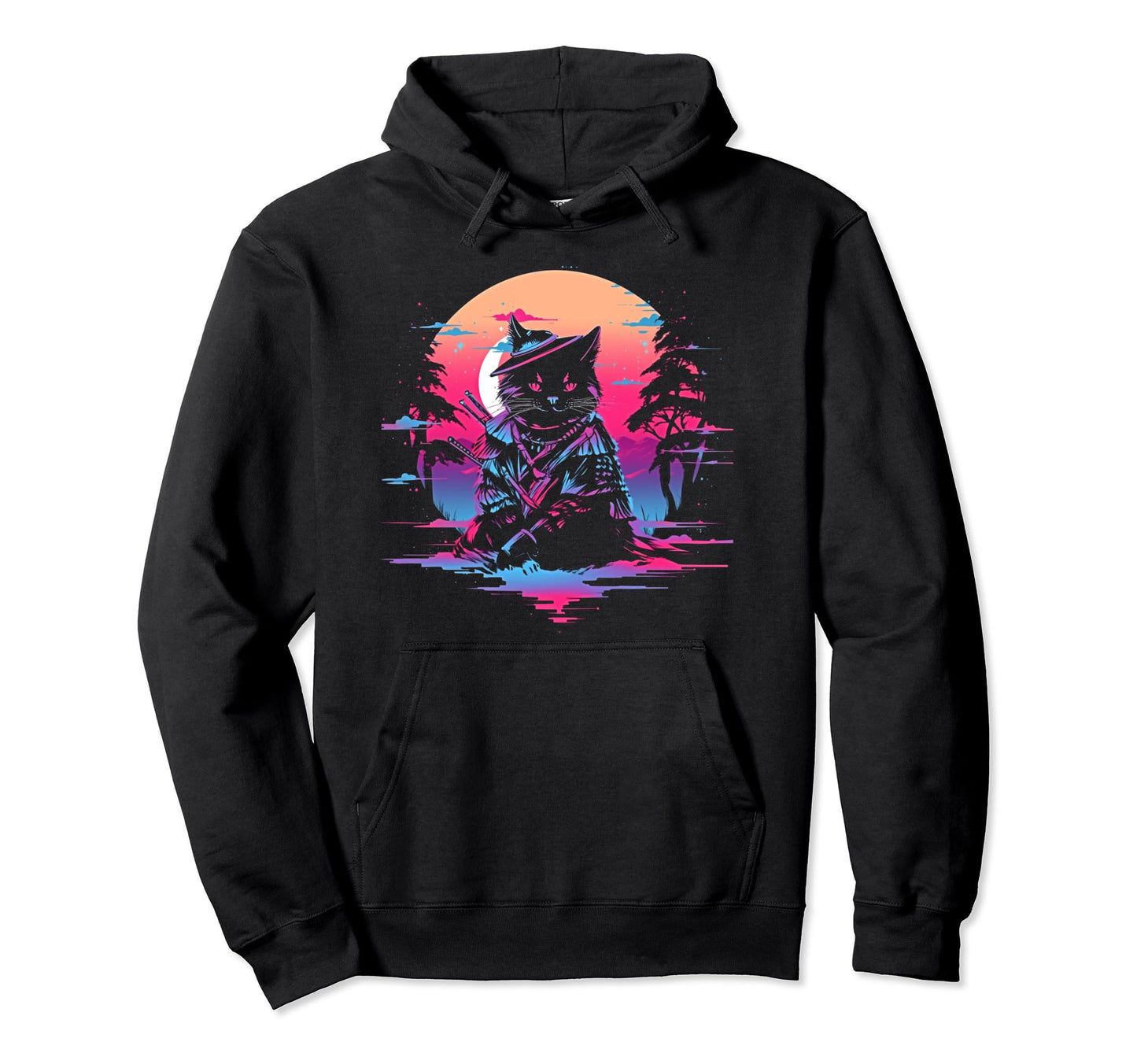 Synthwave Cat Samurai Mediation Hoodie - Graphic Print for Adults - T-Shirt, Sweatshirt, Hoodie