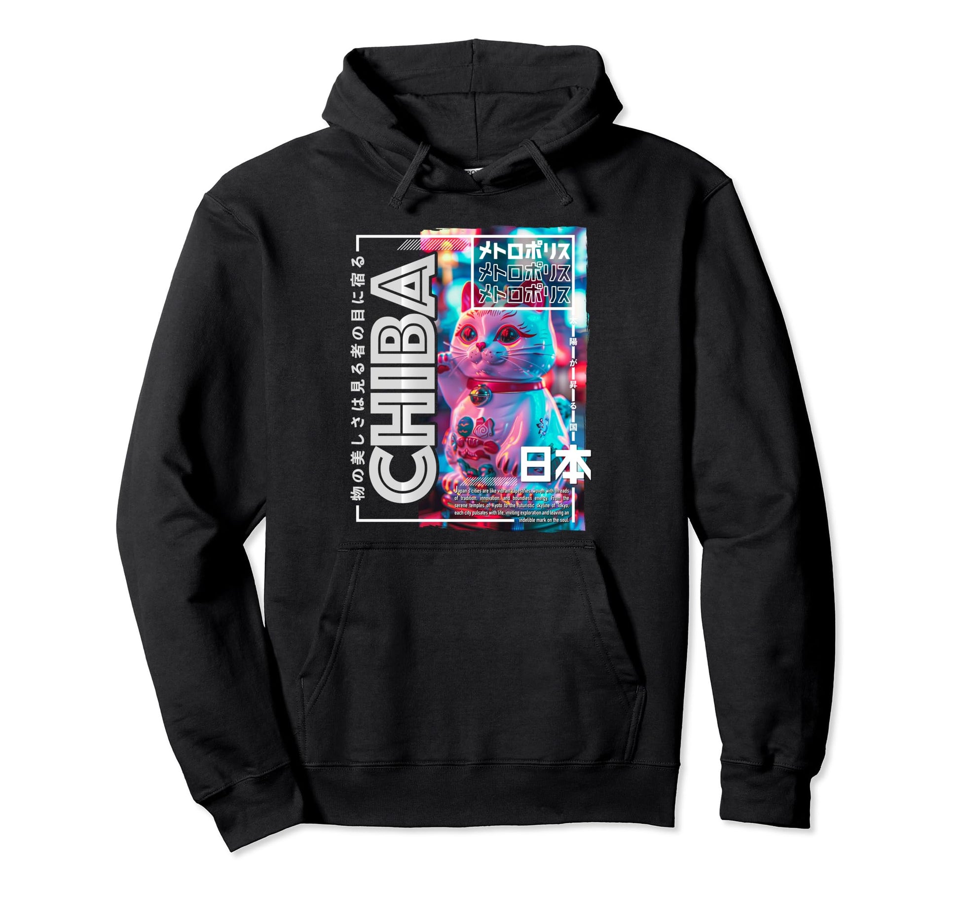 Chiba City 80S Synthwave Manekineko Japan Hoodie - Graphic Print Unisex - T-Shirt, Sweatshirt, Hoodie