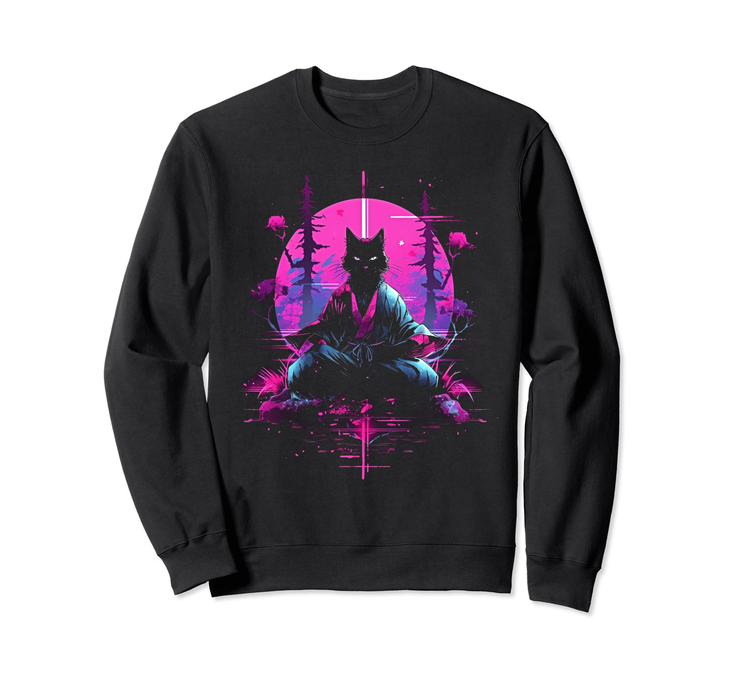 Synthwave Cat Samurai Mediation Sweatshirt - Novelty Apparel Men Women - T-Shirt, Sweatshirt, Hoodie