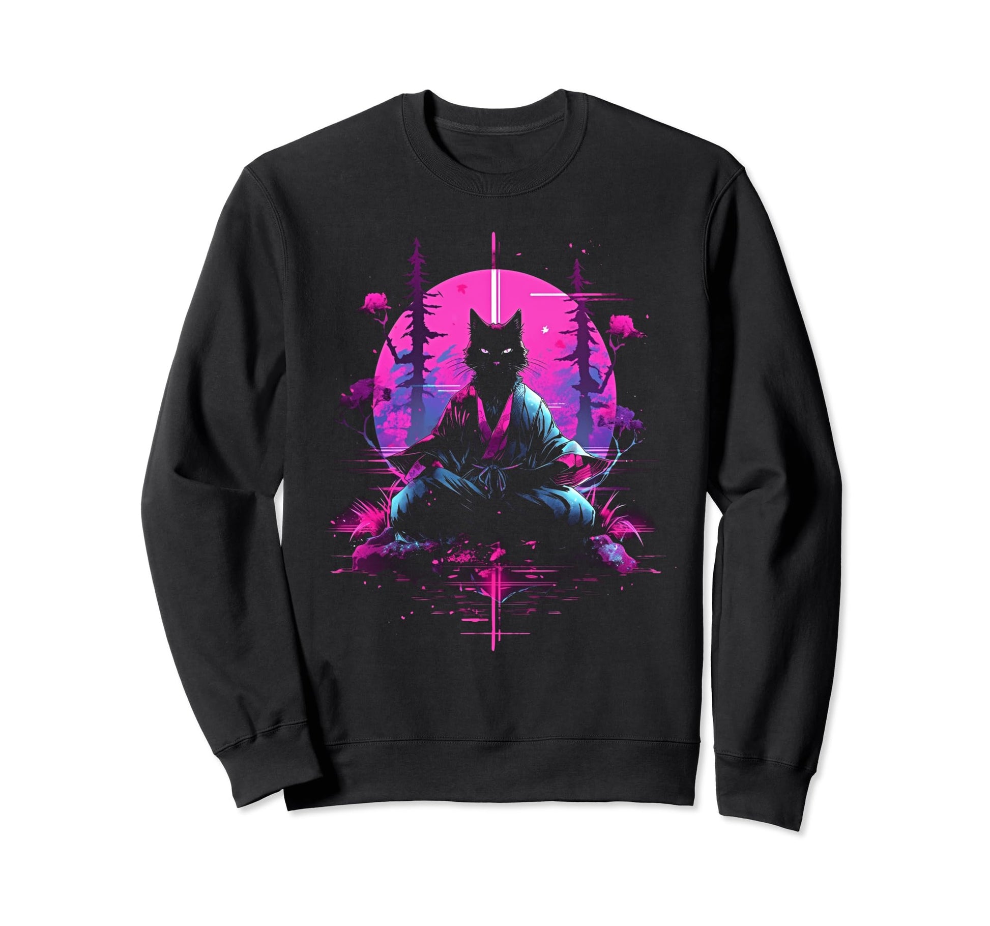 Synthwave Cat Samurai Mediation Sweatshirt - Novelty Apparel Men Women - T-Shirt, Sweatshirt, Hoodie