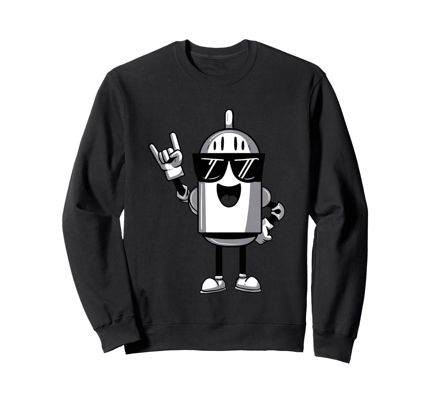 Robot Rock Hand Sign Cartoon Smiling Sweatshirt - Custom Art Print Unisex - T-Shirt, Sweatshirt, Hoodie