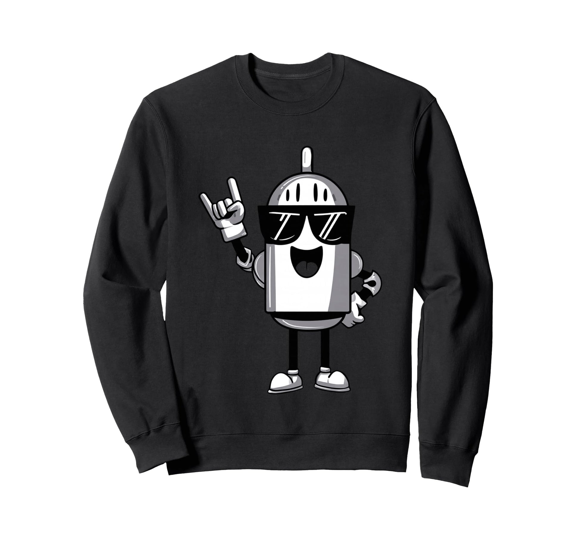 Robot Rock Hand Sign Cartoon Smiling Sweatshirt - Custom Art Print Unisex - T-Shirt, Sweatshirt, Hoodie