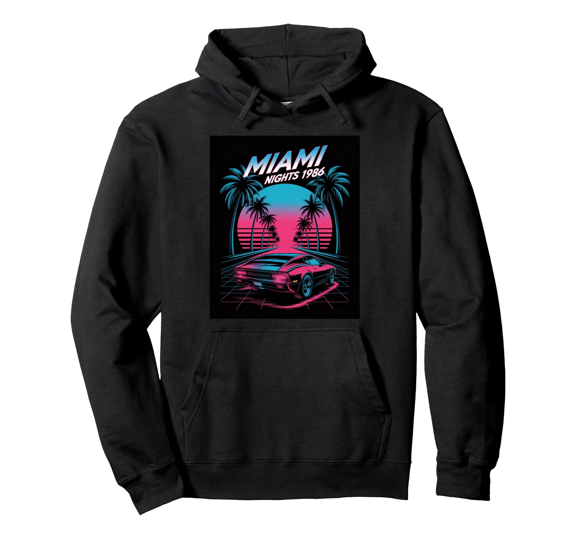 Miami Nights 1986 Synthwave Sunset Hoodie - Unique Graphic Men Women - T-Shirt, Sweatshirt, Hoodie