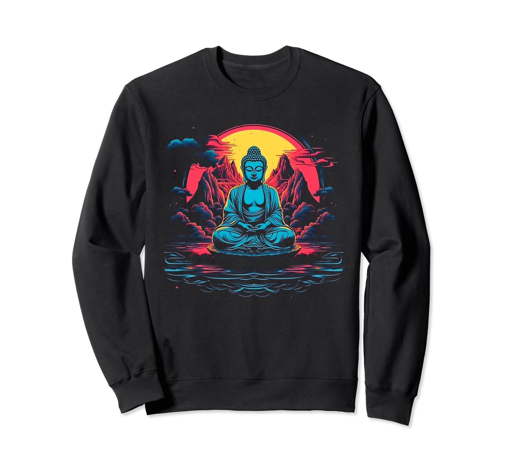 80S Synthwave Buddha Meditating Sweatshirt - Fun Novelty Design for Adults - T-Shirt, Sweatshirt, Hoodie