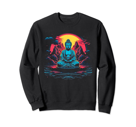 80S Synthwave Buddha Meditating Sweatshirt - Fun Novelty Design for Adults - T-Shirt, Sweatshirt, Hoodie