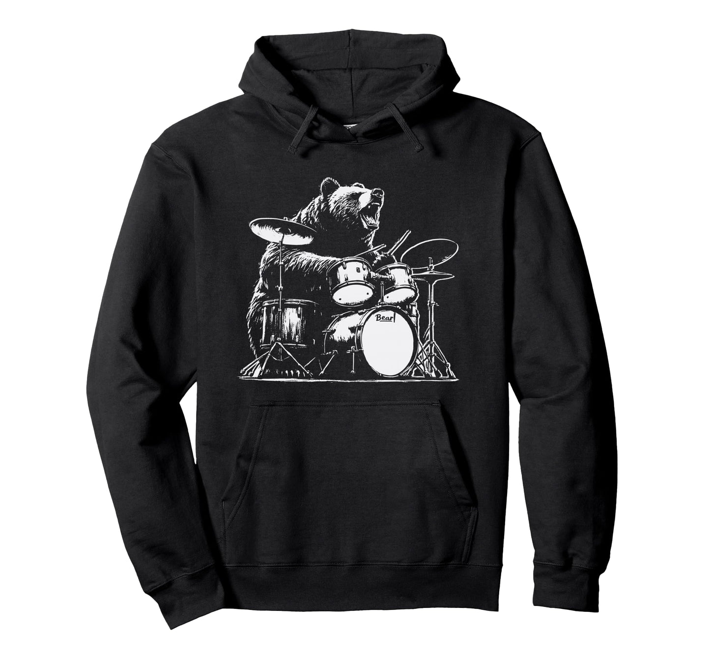 Funny Bear Playing Drums Rock Music Hoodie - Novelty Apparel for Adults - T-Shirt, Sweatshirt, Hoodie