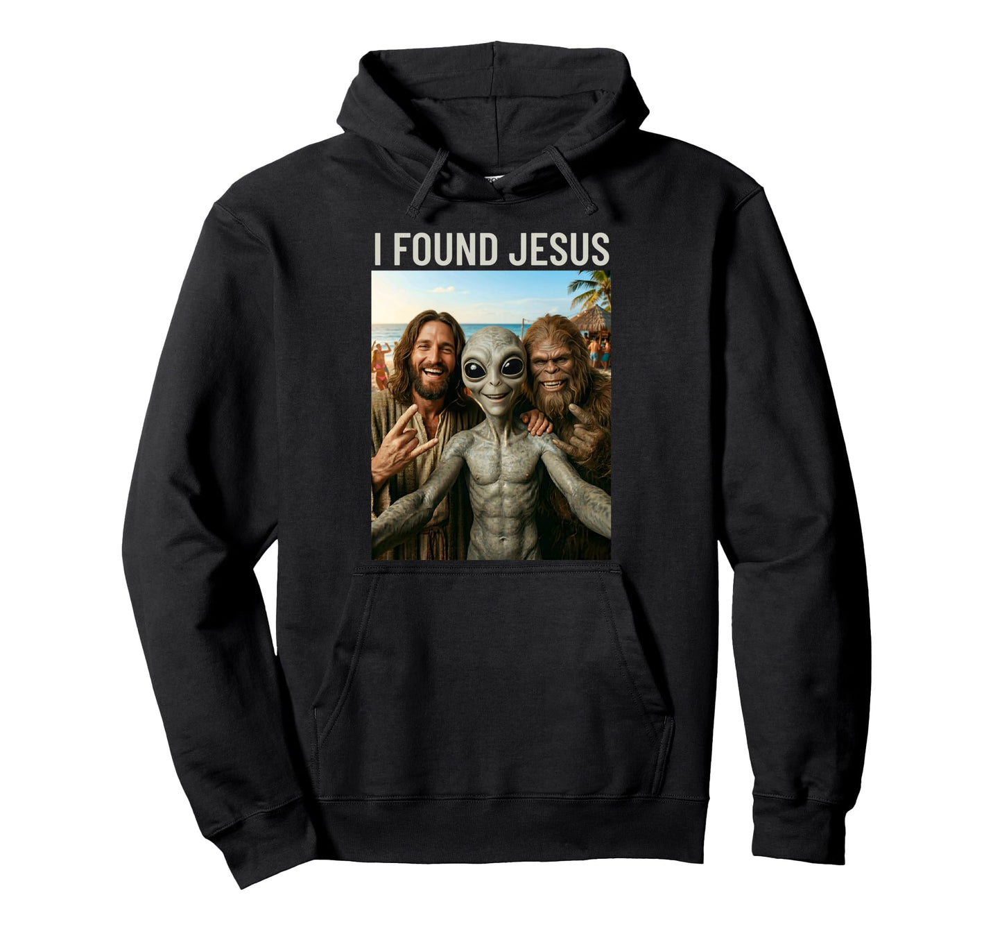 Funny Bigfoot Alien Jesus Rock Hand Sign Hoodie - Streetwear Style Unisex - T-Shirt, Sweatshirt, Hoodie