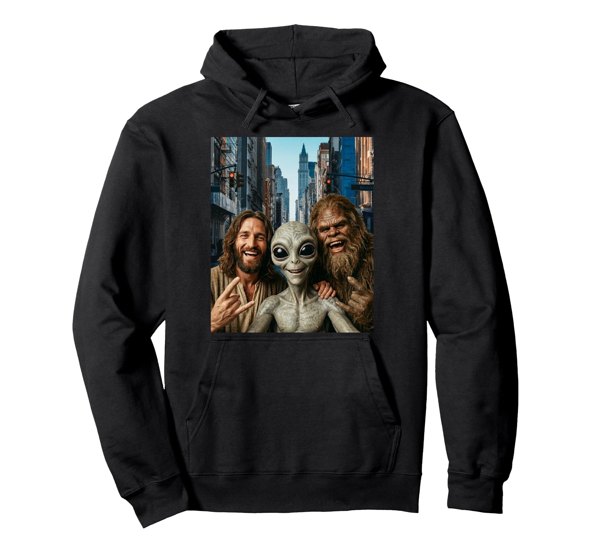 Funny Bigfoot Alien Jesus Rock Hand Hoodie - Casual Everyday Wear Unisex - T-Shirt, Sweatshirt, Hoodie