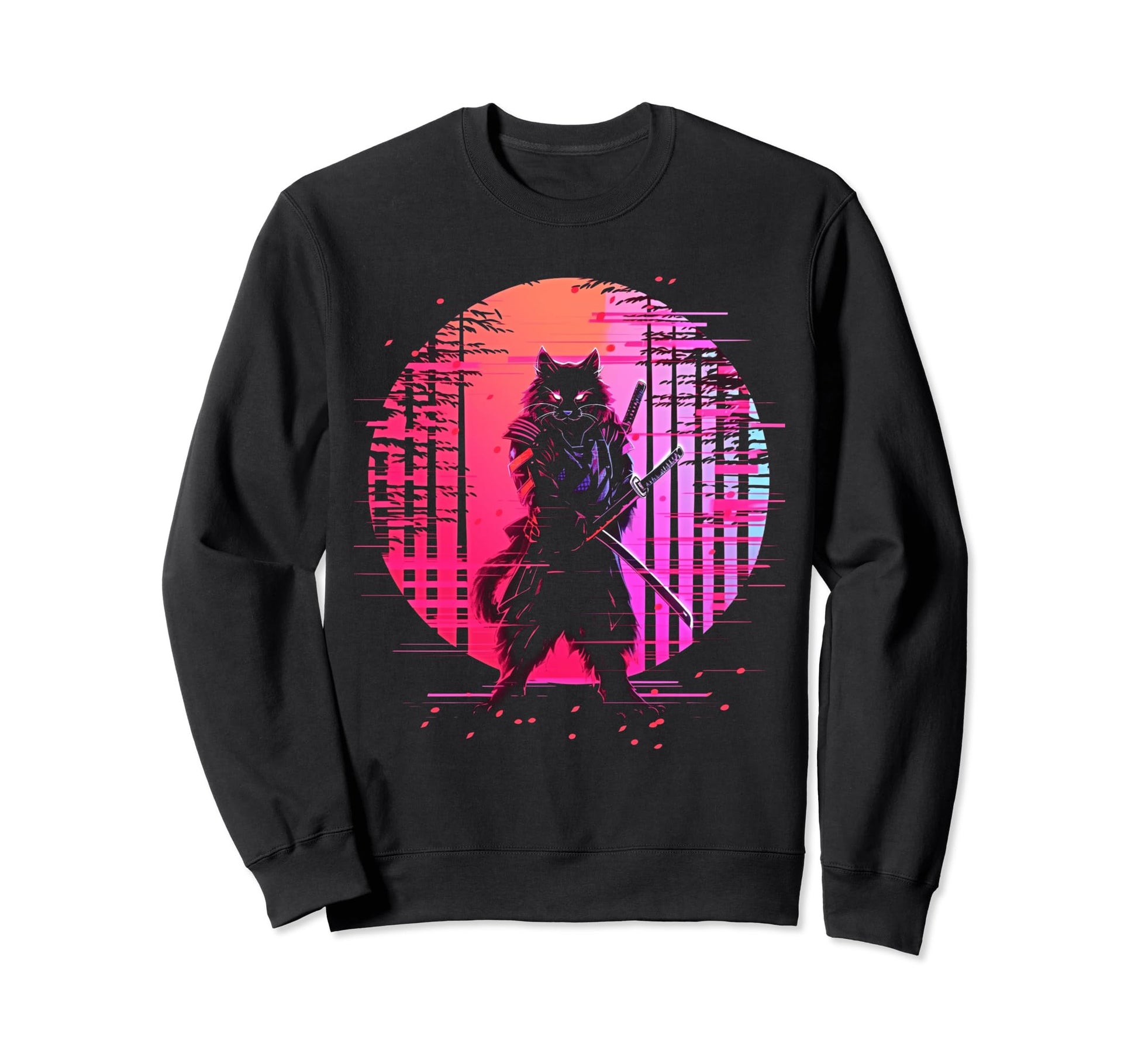Synthwave Cat Samurai Mediation Sweatshirt - Trendy Graphic for Adults - T-Shirt, Sweatshirt, Hoodie