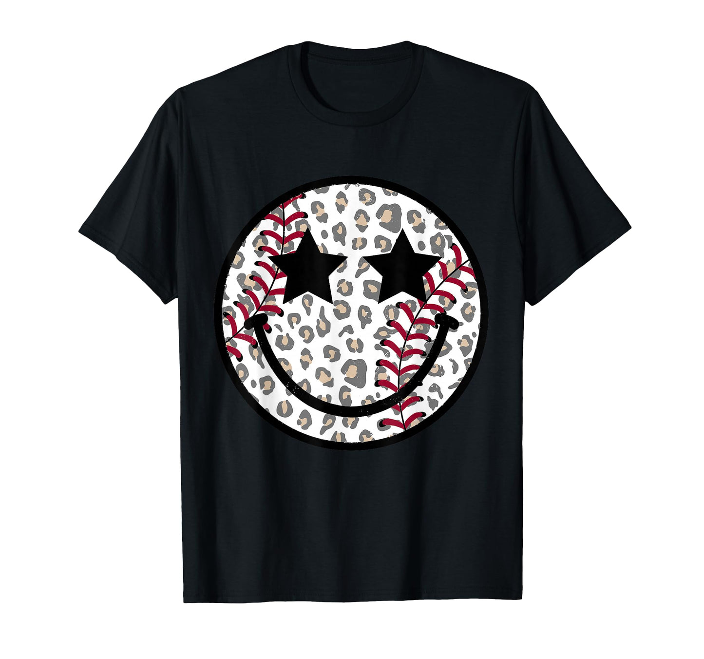 Leopard Happy Face Baseball Smile Face T-Shirt - Graphic Print Men Women - T-Shirt, Sweatshirt, Hoodie