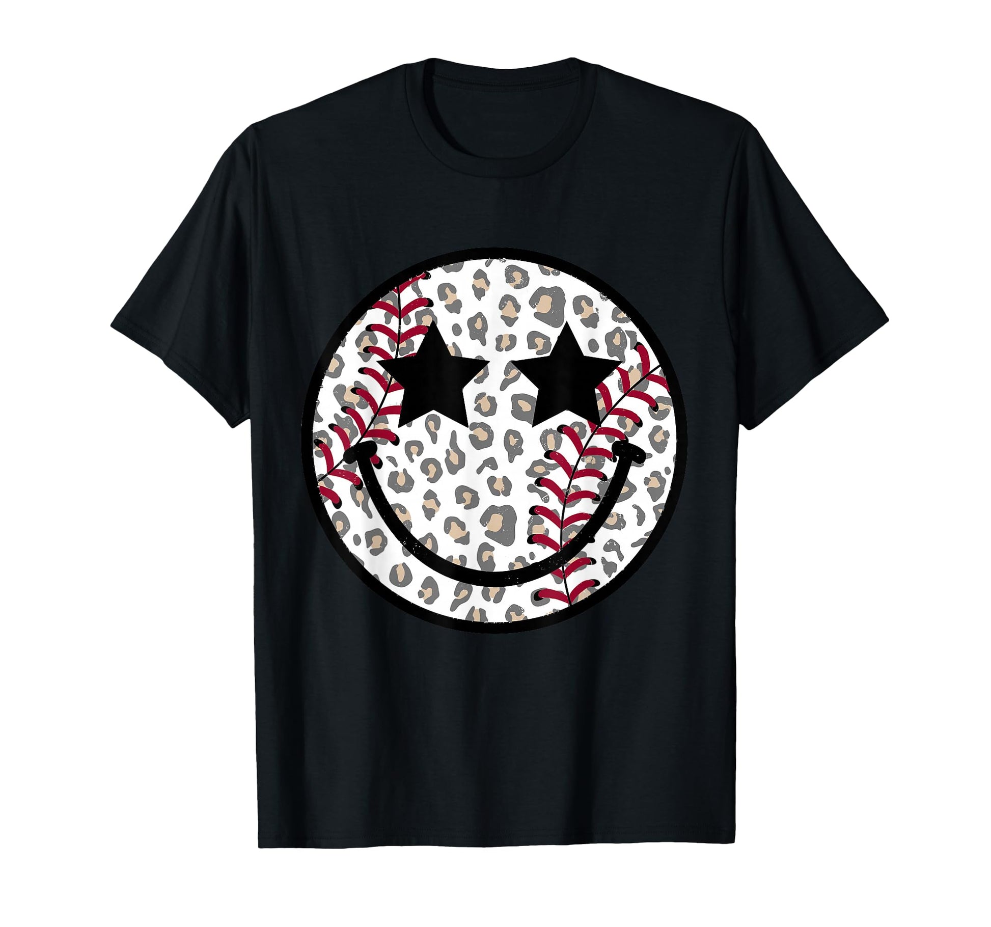 Leopard Happy Face Baseball Smile Face T-Shirt - Graphic Print Men Women - T-Shirt, Sweatshirt, Hoodie