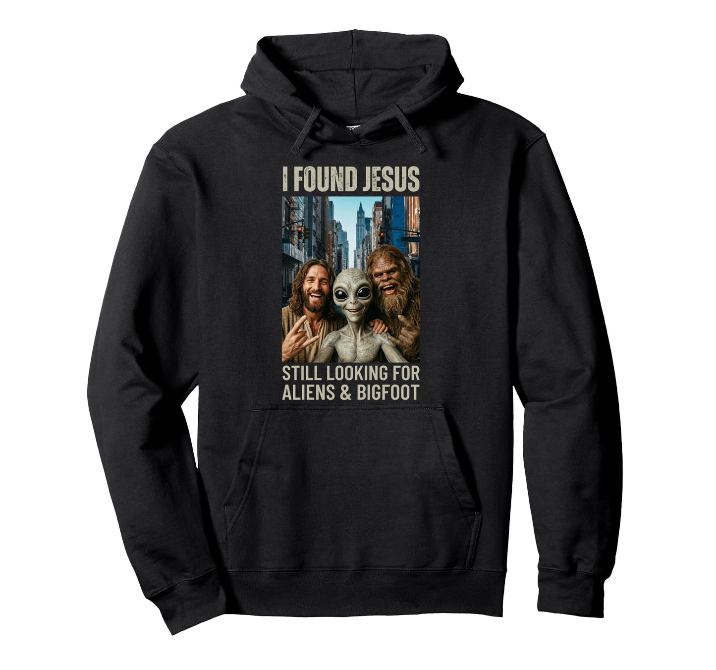 Funny Bigfoot Alien Jesus Rock Hand Sign Hoodie - Graphic Print for Adults - T-Shirt, Sweatshirt, Hoodie
