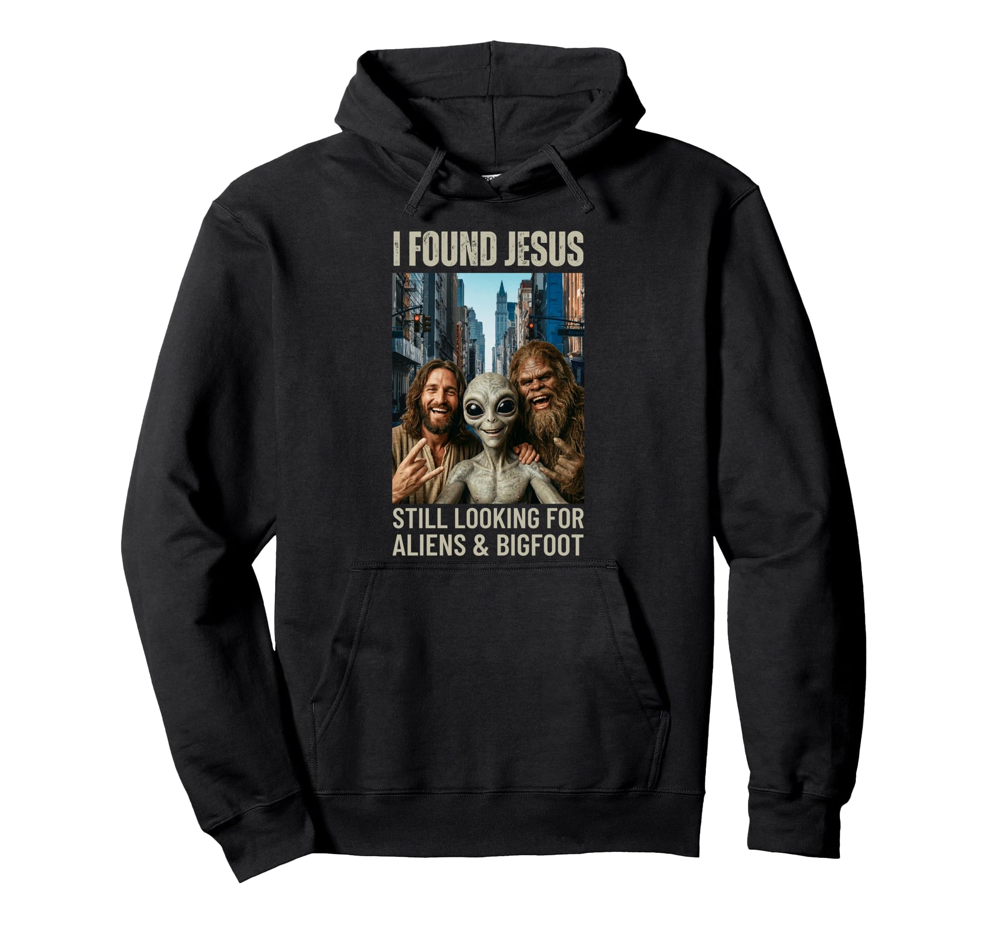 Funny Bigfoot Alien Jesus Rock Hand Sign Hoodie - Graphic Print for Adults - T-Shirt, Sweatshirt, Hoodie