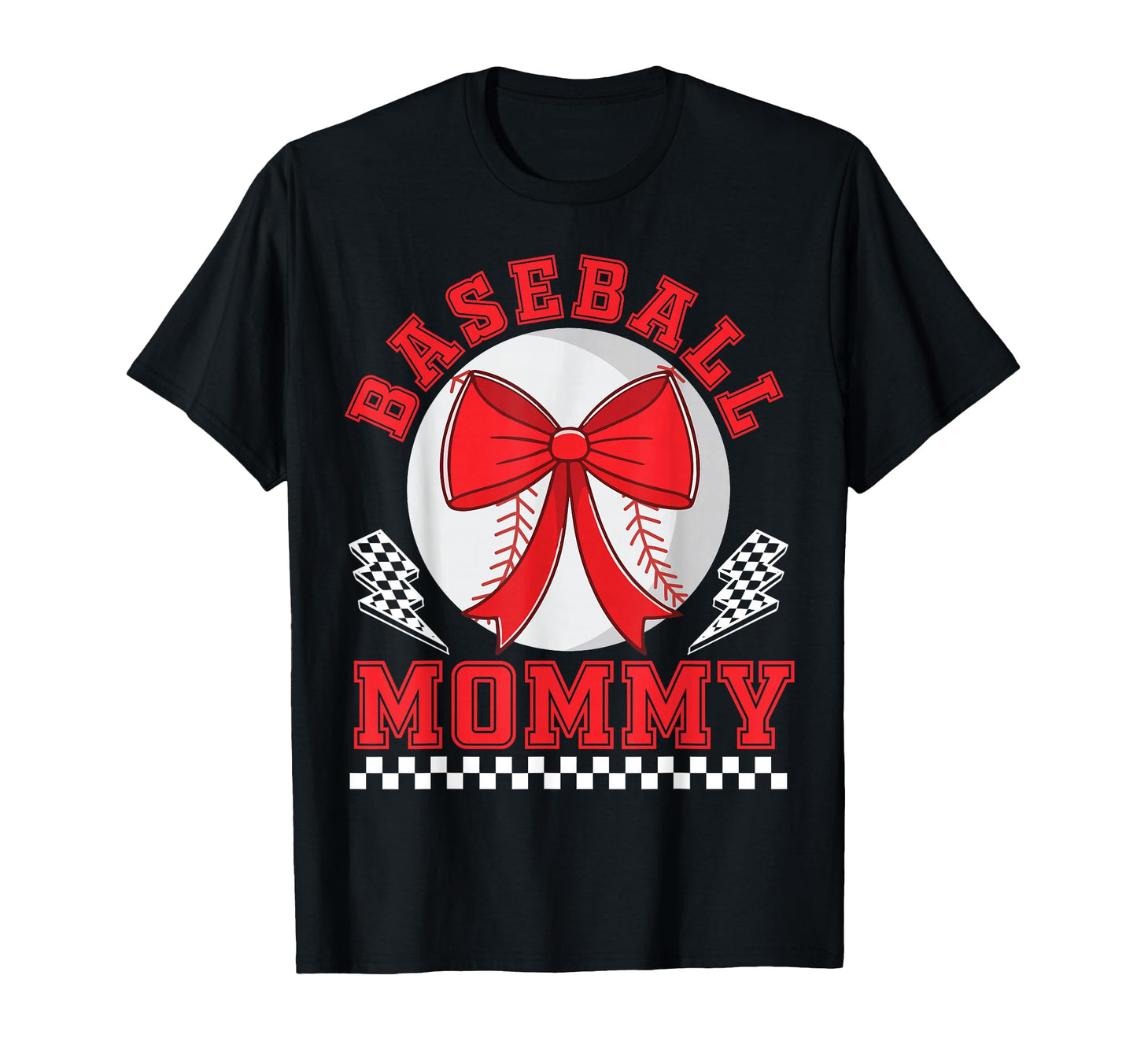 Baseball Mommy Bow Checkered Player T-Shirt - Unique Graphic Unisex - T-Shirt, Sweatshirt, Hoodie