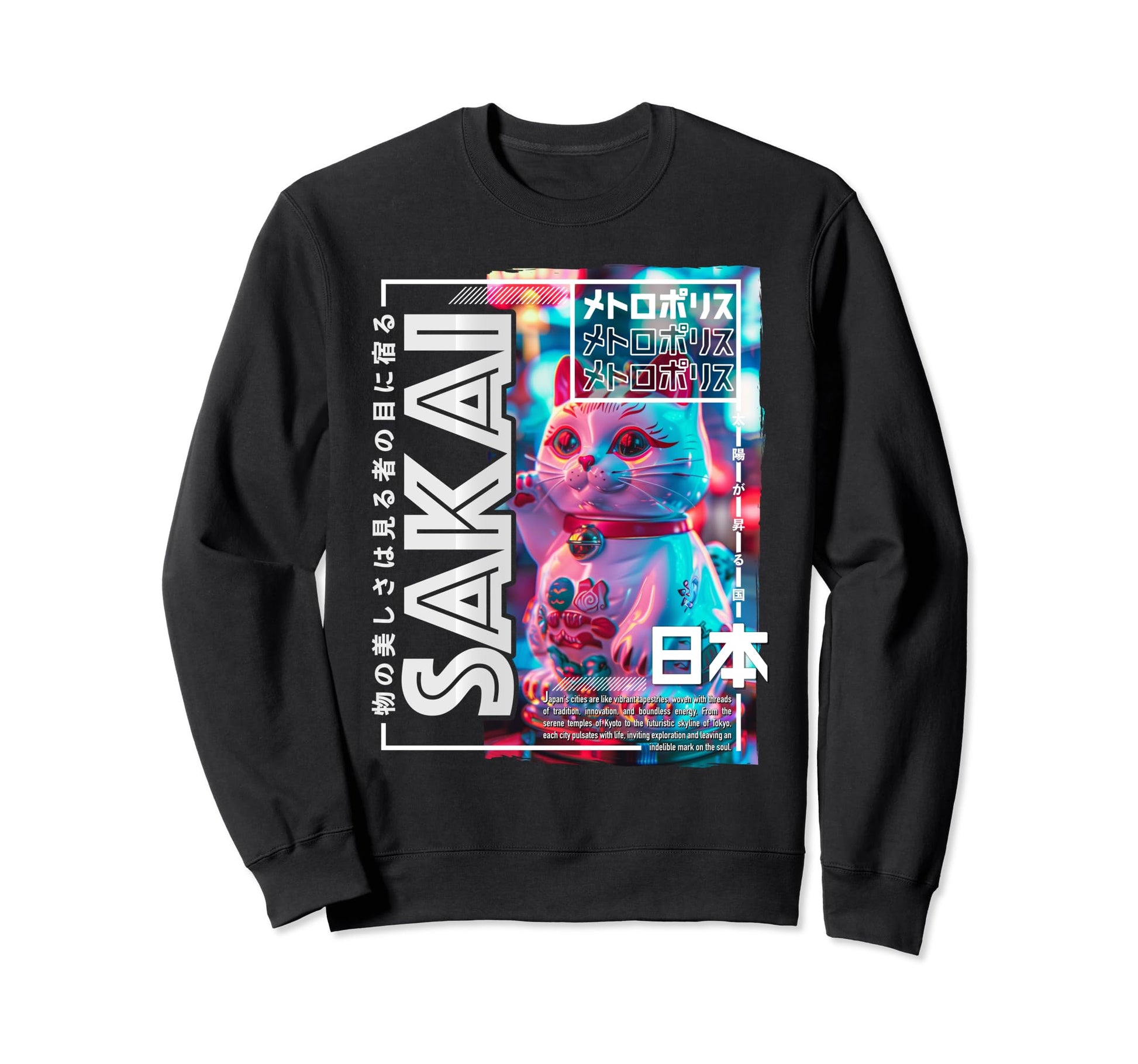 Sakai City 80S Synthwave Manekineko Sweatshirt - Graphic Print for Adults - T-Shirt, Sweatshirt, Hoodie