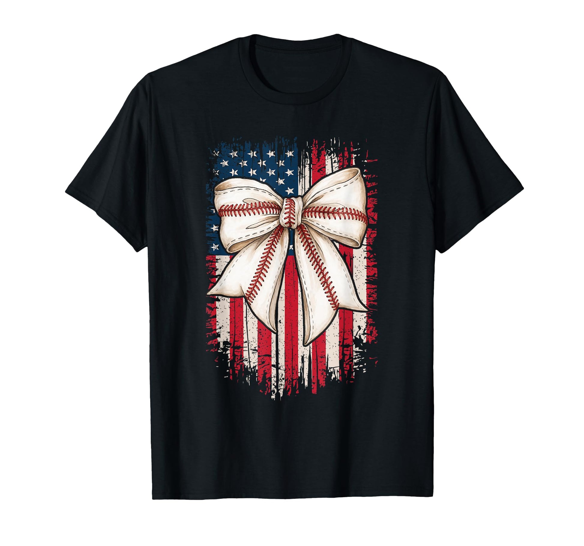 Baseball Bow Patriotic Usa Flag Coquette T-Shirt - Graphic Print Unisex - T-Shirt, Sweatshirt, Hoodie