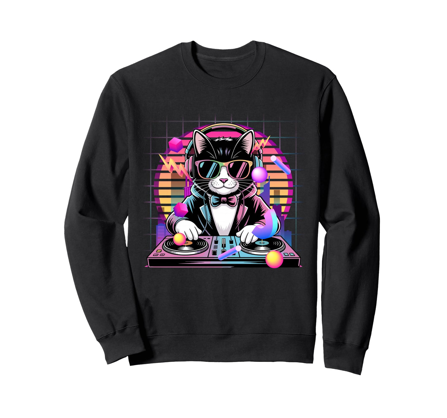 80S Synthwave Dj Cat Headphones Sweatshirt - Unique Graphic Men Women - T-Shirt, Sweatshirt, Hoodie