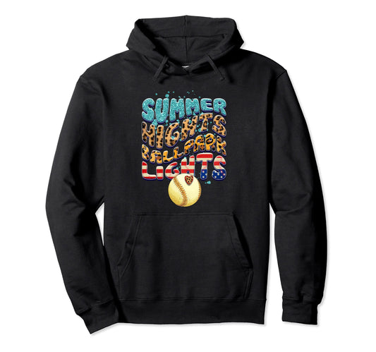 Baseball Game Day Summer Nights Ballpark Hoodie - Graphic Print for Adults - T-Shirt, Sweatshirt, Hoodie