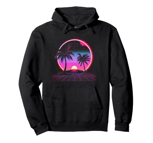 80S Sunset Palm Trees Synthwave Art Hoodie - Streetwear Style for Adults - T-Shirt, Sweatshirt, Hoodie