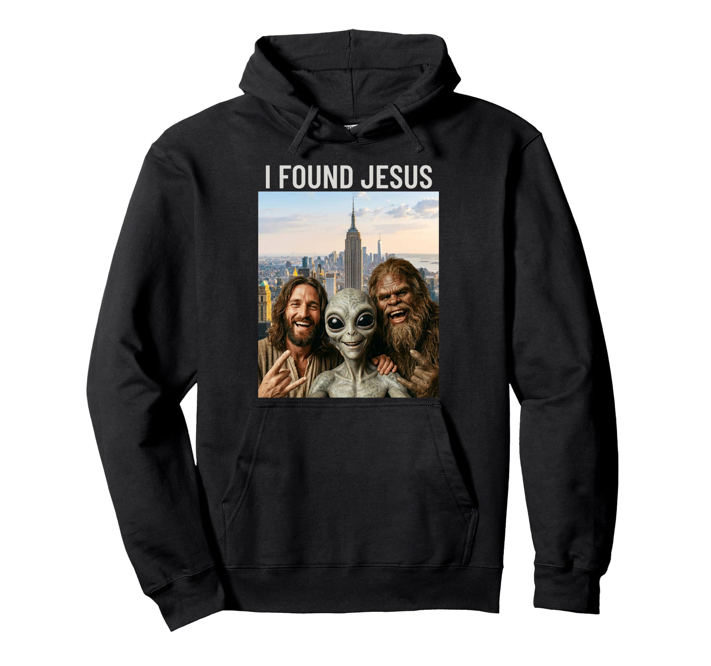 Funny Bigfoot Alien Jesus Rock Hand Sign Hoodie - Unique Graphic Unisex - T-Shirt, Sweatshirt, Hoodie