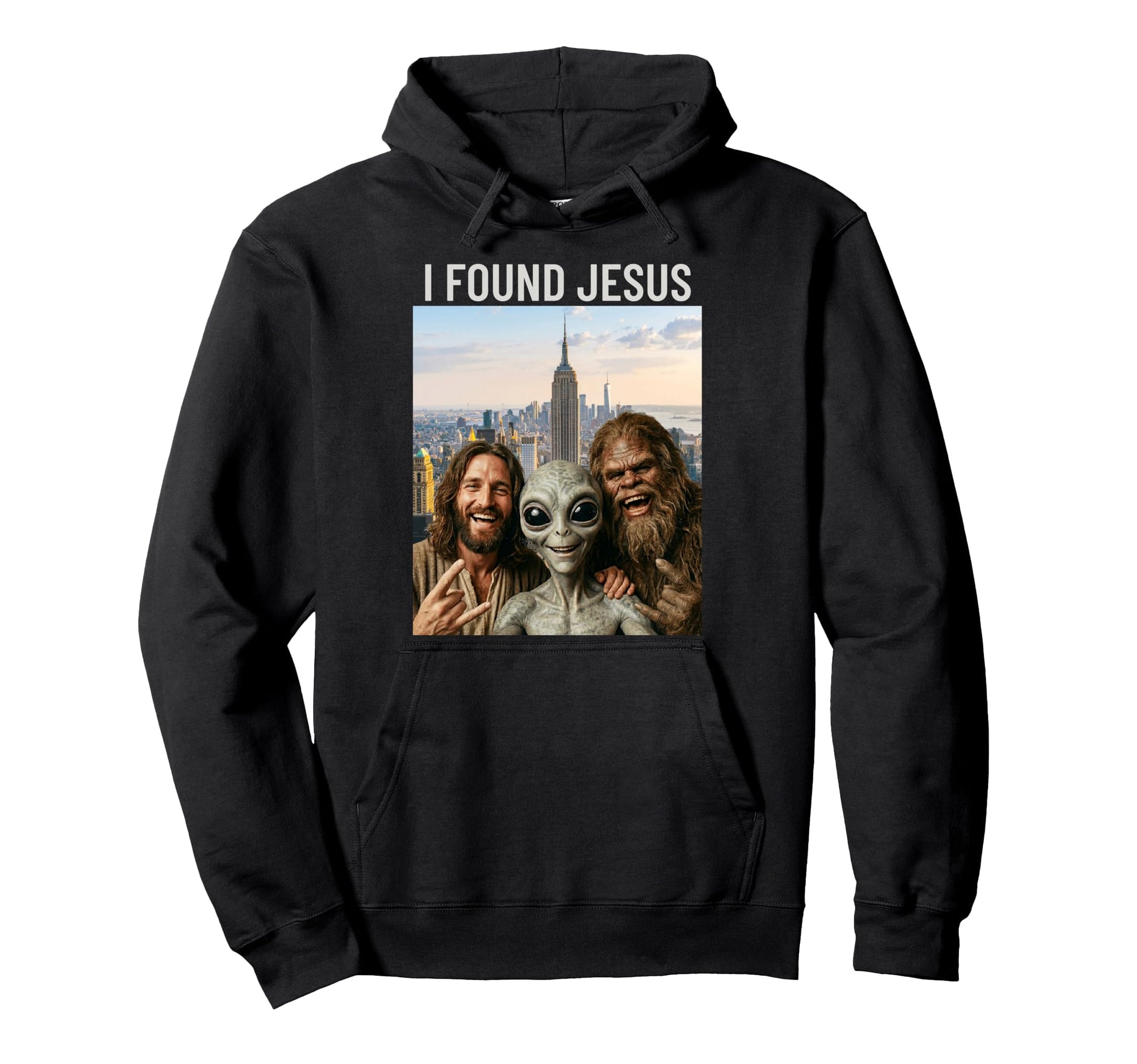 Funny Bigfoot Alien Jesus Rock Hand Sign Hoodie - Unique Graphic Unisex - T-Shirt, Sweatshirt, Hoodie