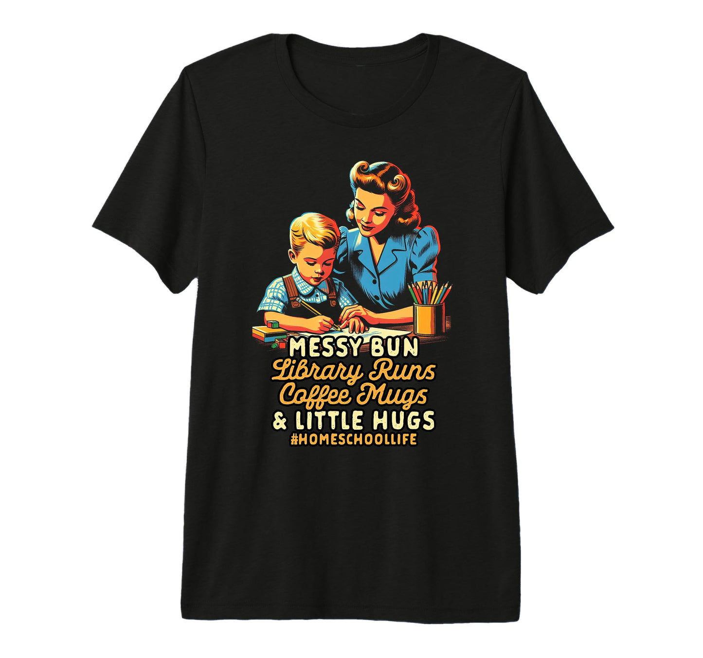 Homeschool Mom Messy Bun Library T-Shirt - Aesthetic Graphic Men Women - T-Shirt, Sweatshirt, Hoodie