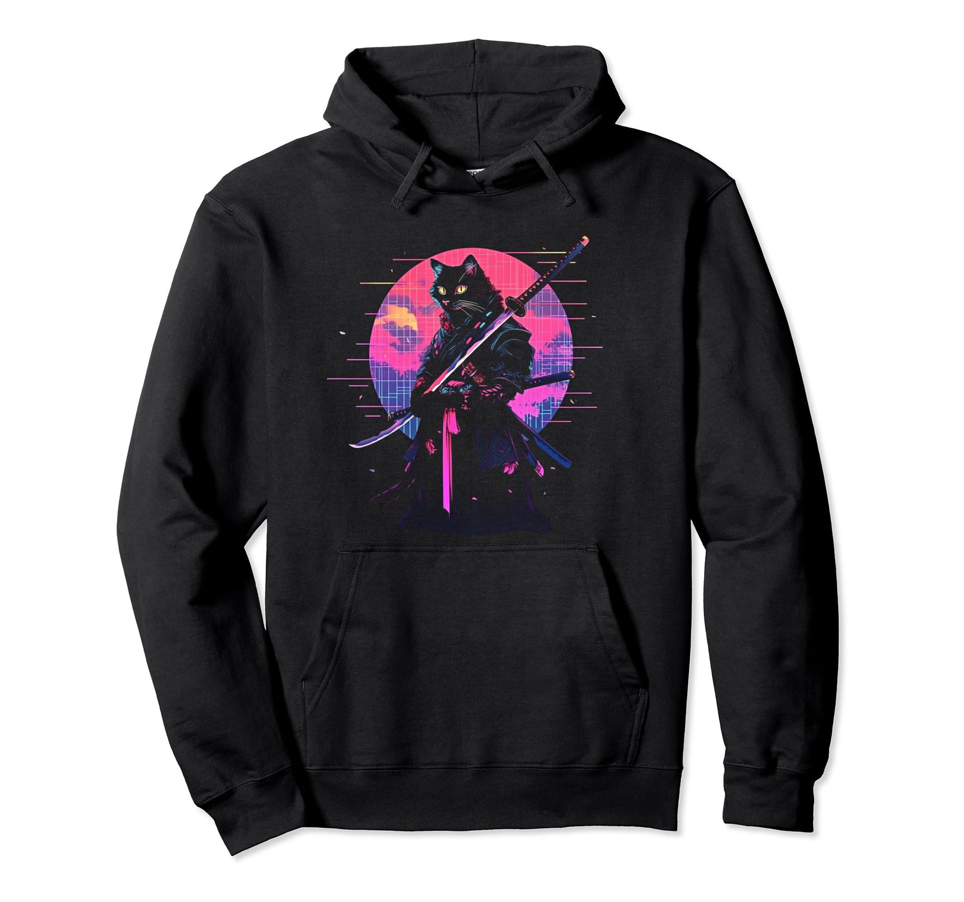 Synthwave Cat Samurai Mediation Vaporwave Hoodie - Graphic Print Unisex - T-Shirt, Sweatshirt, Hoodie