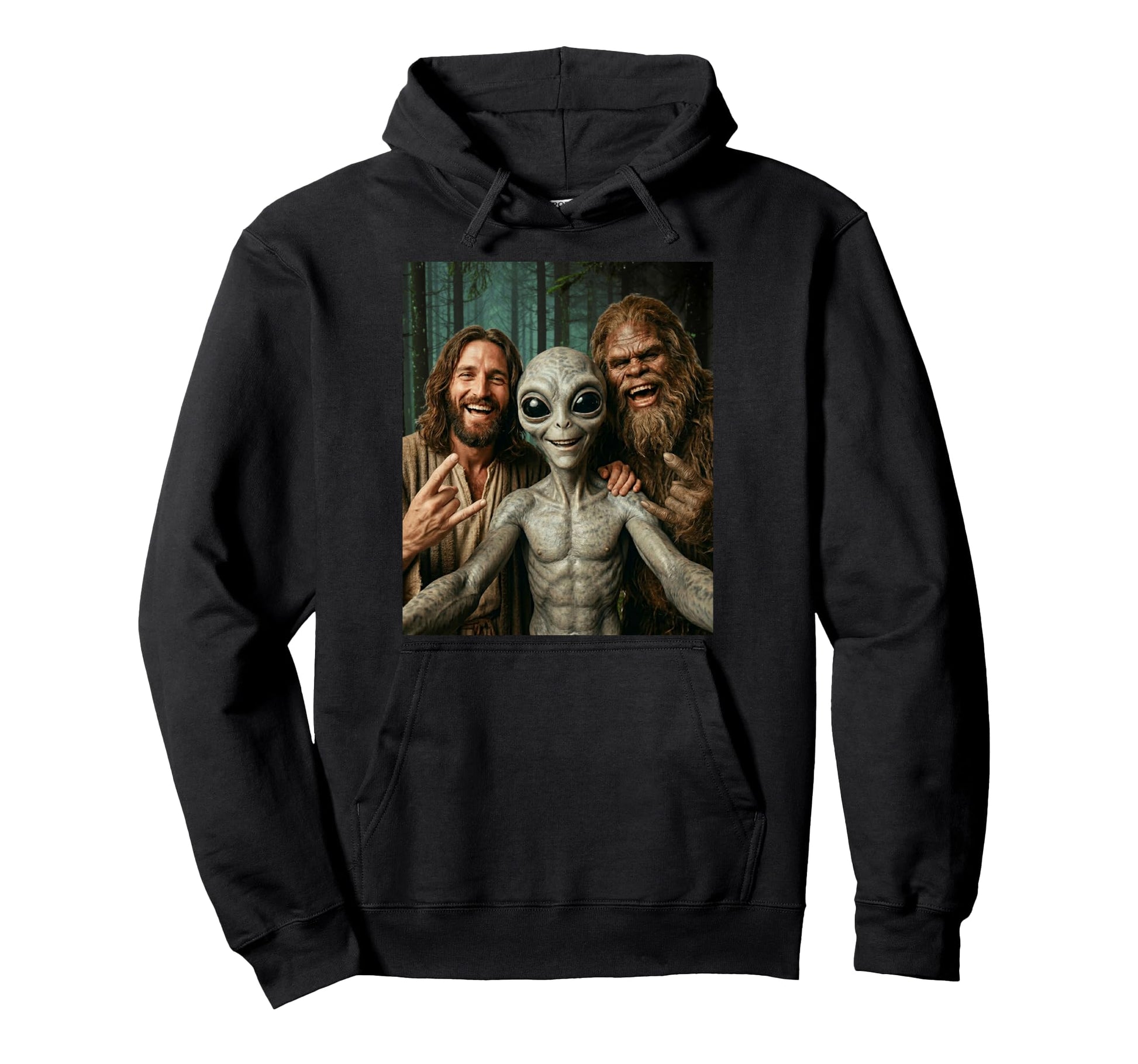 Funny Bigfoot Alien Jesus Rock Hand Hoodie - Trendy Graphic for Adults - T-Shirt, Sweatshirt, Hoodie