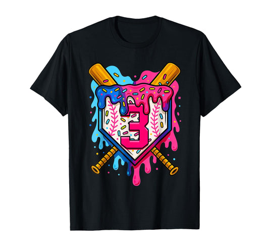 3Rd Baseball Birthday Ice Cream Drip 3 T-Shirt - Trendy Graphic Men Women - T-Shirt, Sweatshirt, Hoodie