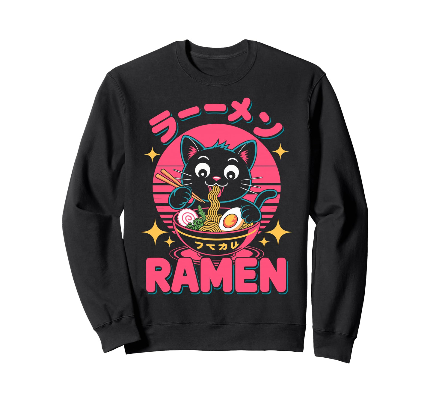 Synthwave Cat Ramen Anime Noodle Sweatshirt - Unique Graphic Men Women - T-Shirt, Sweatshirt, Hoodie