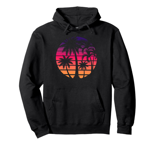 80S Sunset Palm Tree Beach Vacation Hoodie - Fun Novelty Design Men Women - T-Shirt, Sweatshirt, Hoodie