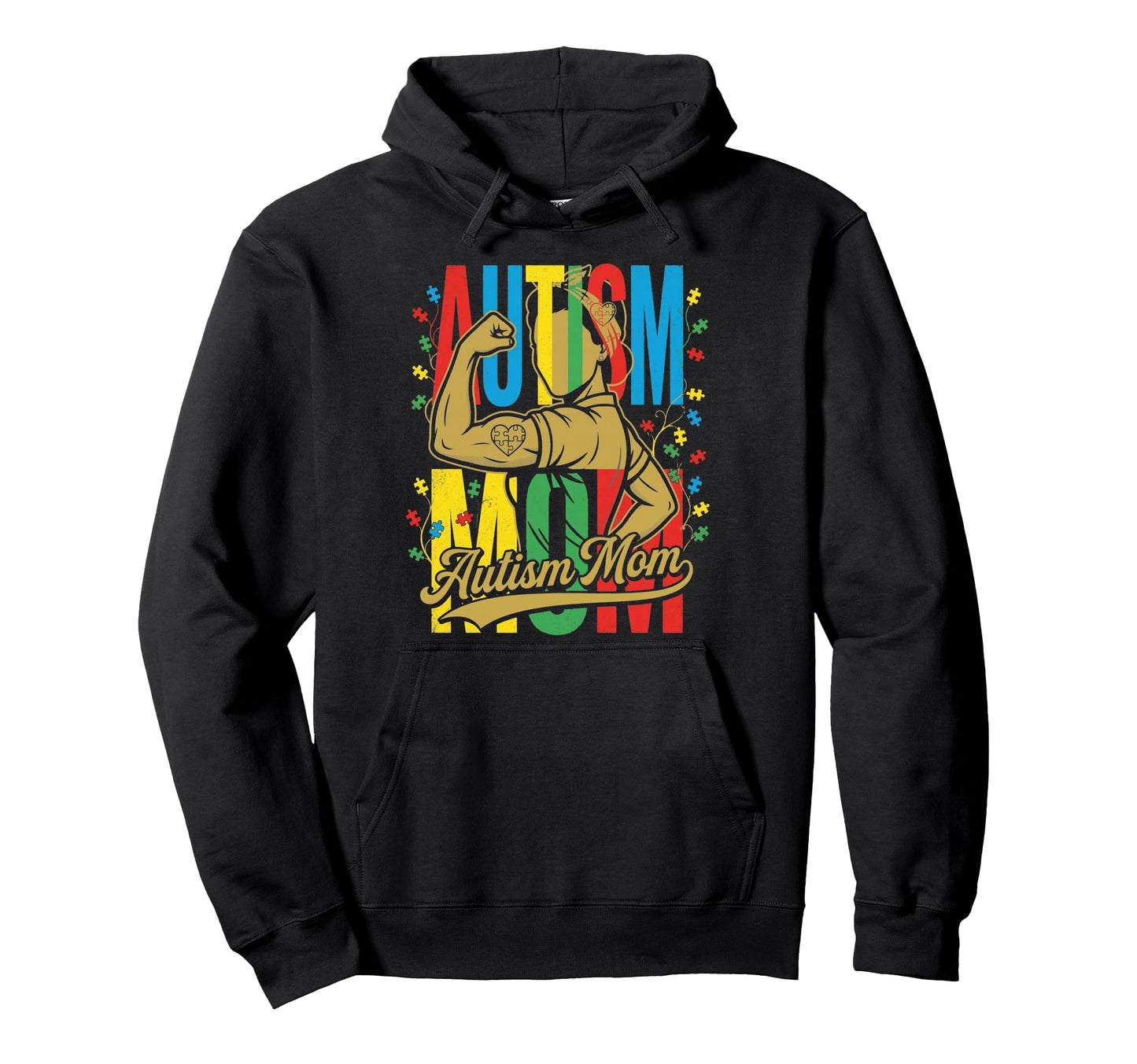 Strong Autism Mom Flexing Puzzle Hoodie - Casual Everyday Wear for Adults - T-Shirt, Sweatshirt, Hoodie