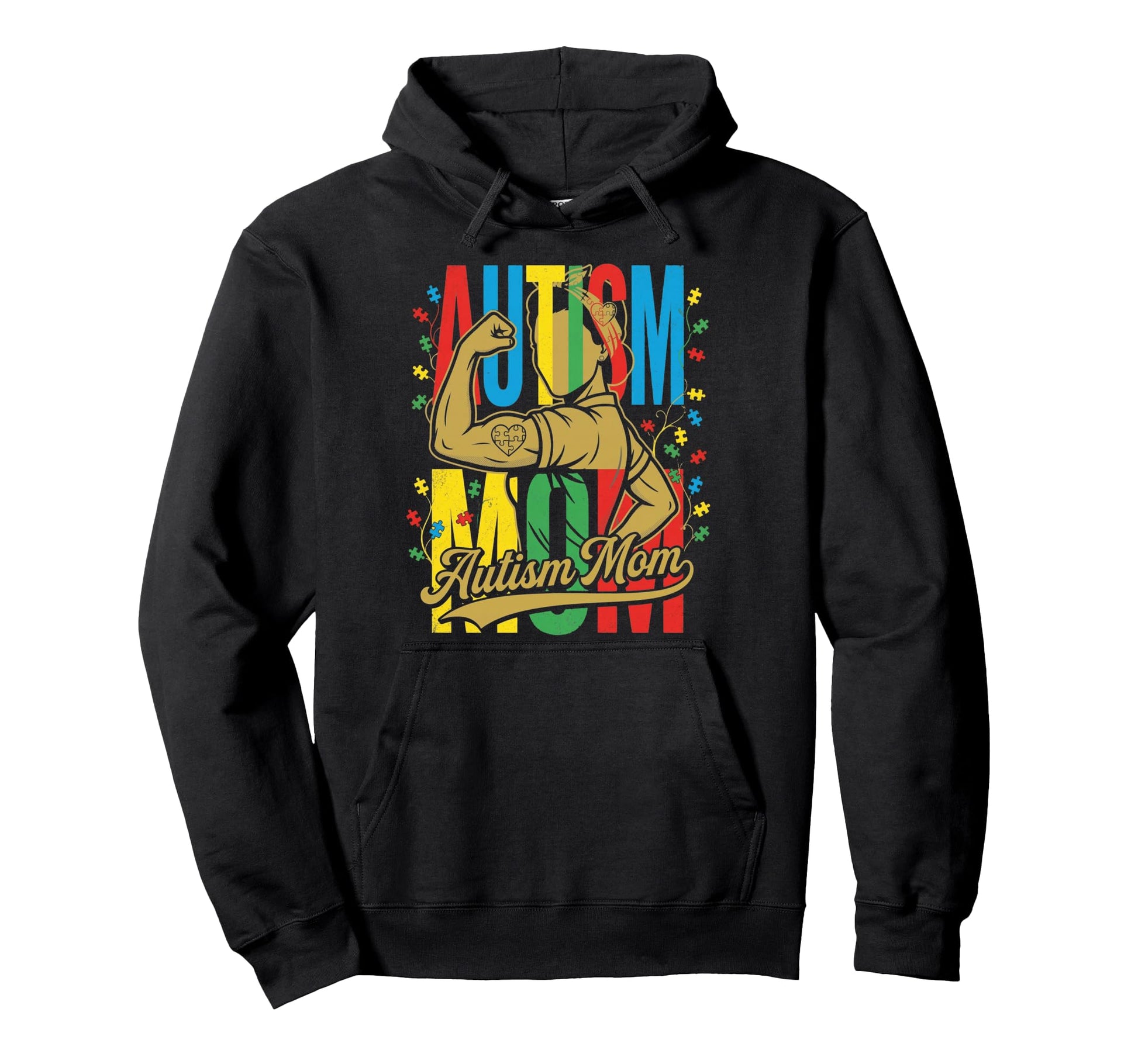 Strong Autism Mom Flexing Puzzle Hoodie - Casual Everyday Wear for Adults - T-Shirt, Sweatshirt, Hoodie