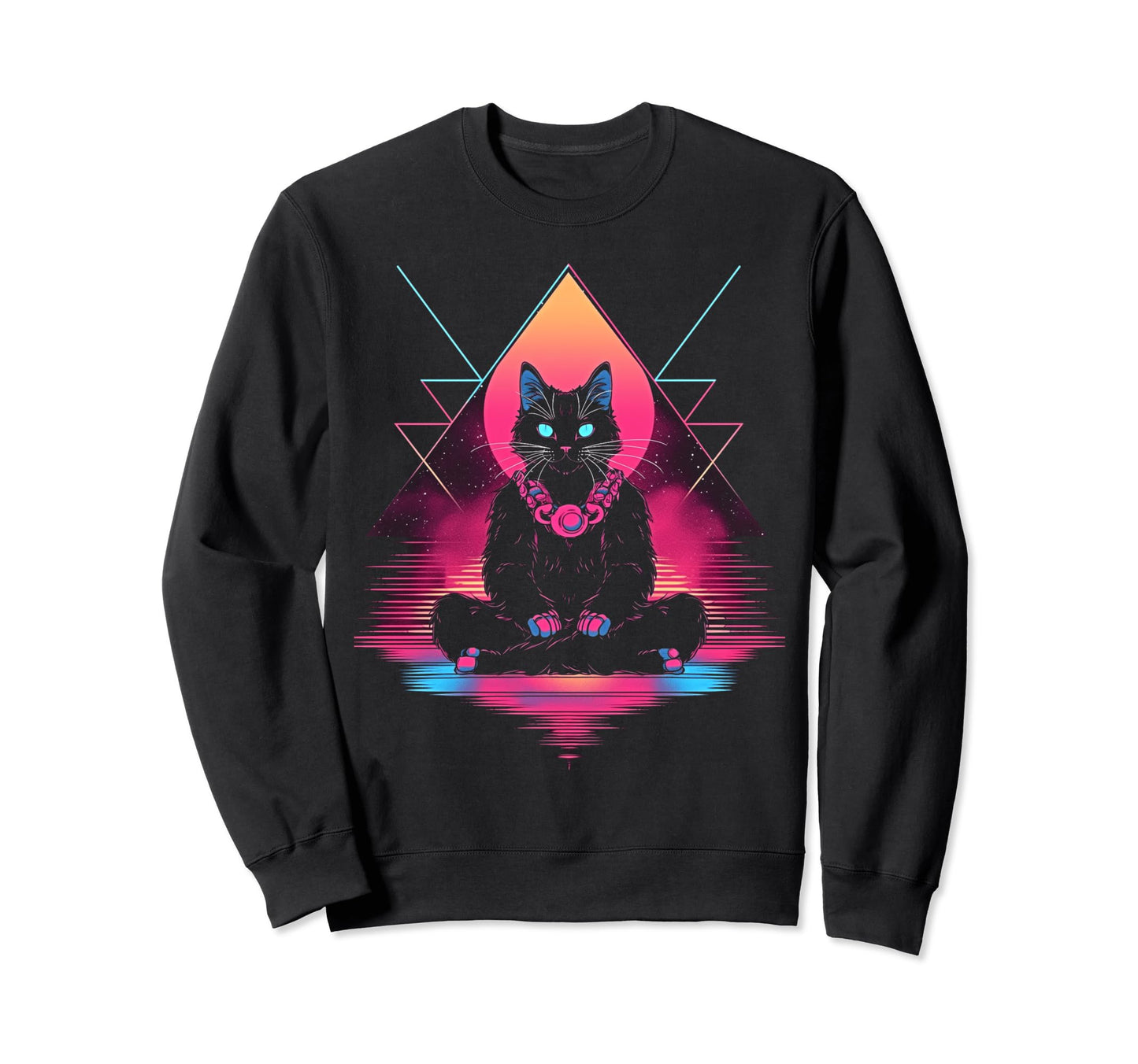 Synthwave Cat Samurai Mediation Sweatshirt - Fun Novelty Design Men Women - T-Shirt, Sweatshirt, Hoodie