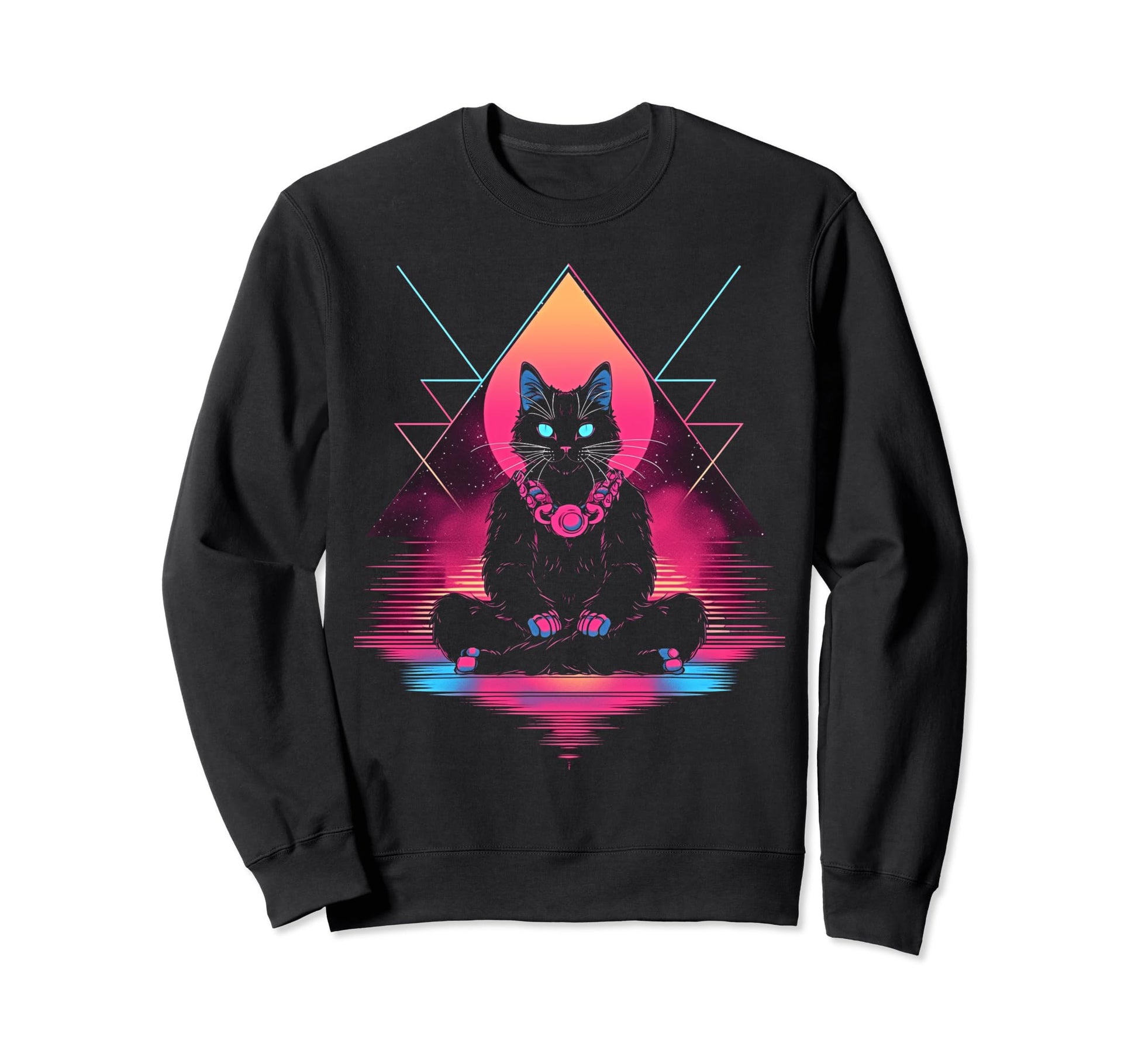 Synthwave Cat Samurai Mediation Sweatshirt - Fun Novelty Design Men Women - T-Shirt, Sweatshirt, Hoodie
