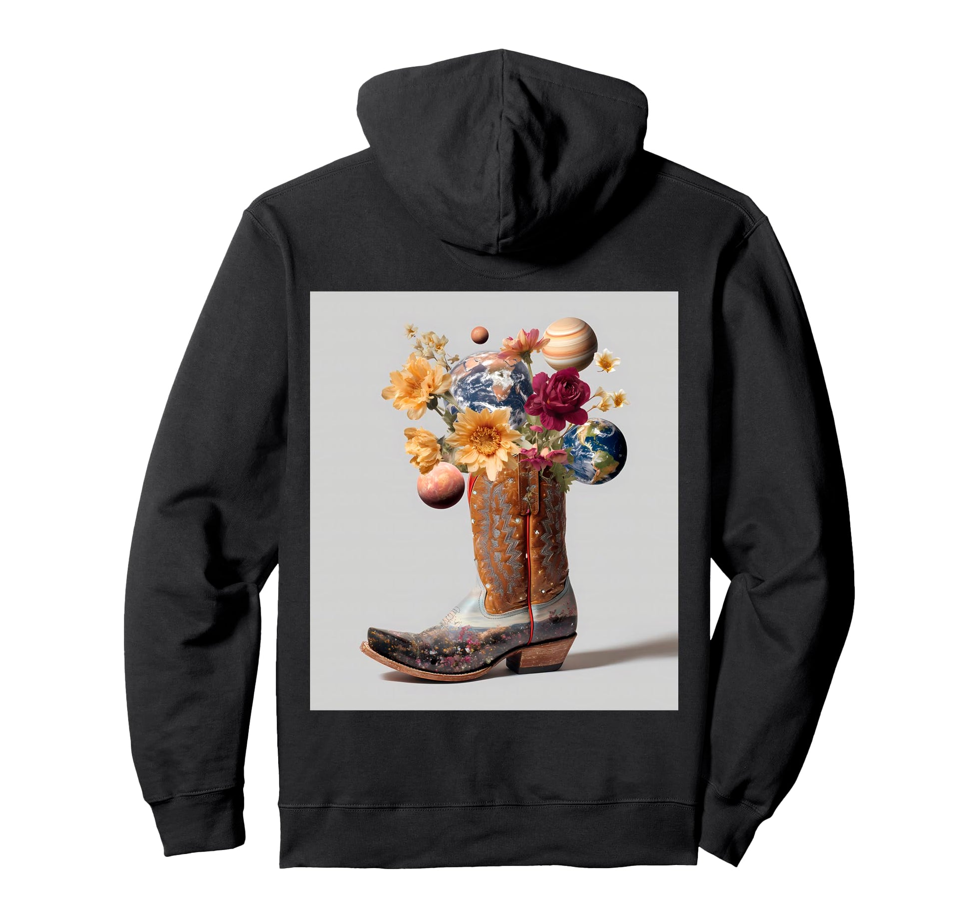 Cowboy Boot Cosmic Planet Floral Bouquet Hoodie - Fun Novelty Design Unisex - T-Shirt, Sweatshirt, Hoodie