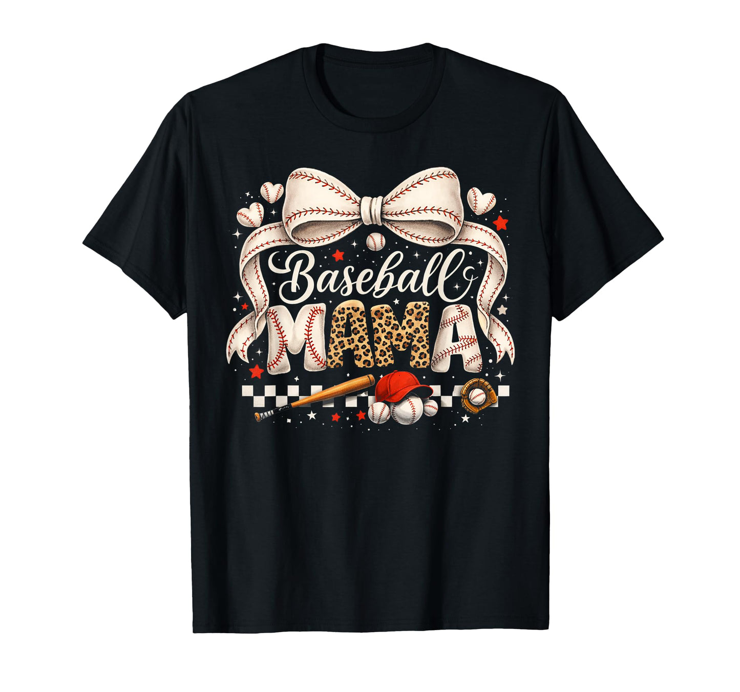 Baseball Mama Game Day Leopard Bow Sports T-Shirt - Graphic Print Unisex - T-Shirt, Sweatshirt, Hoodie