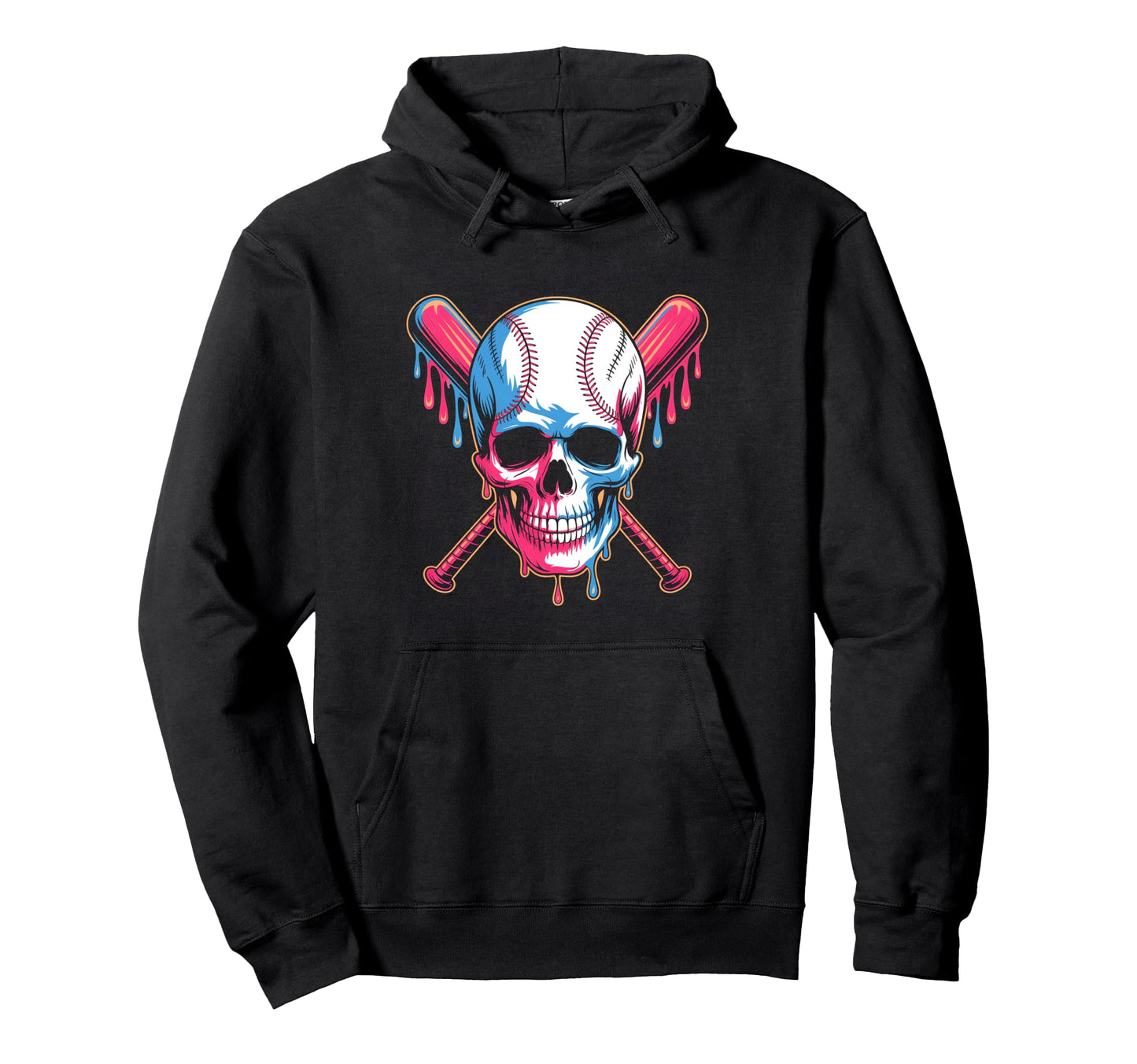 Baseball Skull Crossed Bats Dripping Hoodie - Minimalist Print for Adults - T-Shirt, Sweatshirt, Hoodie