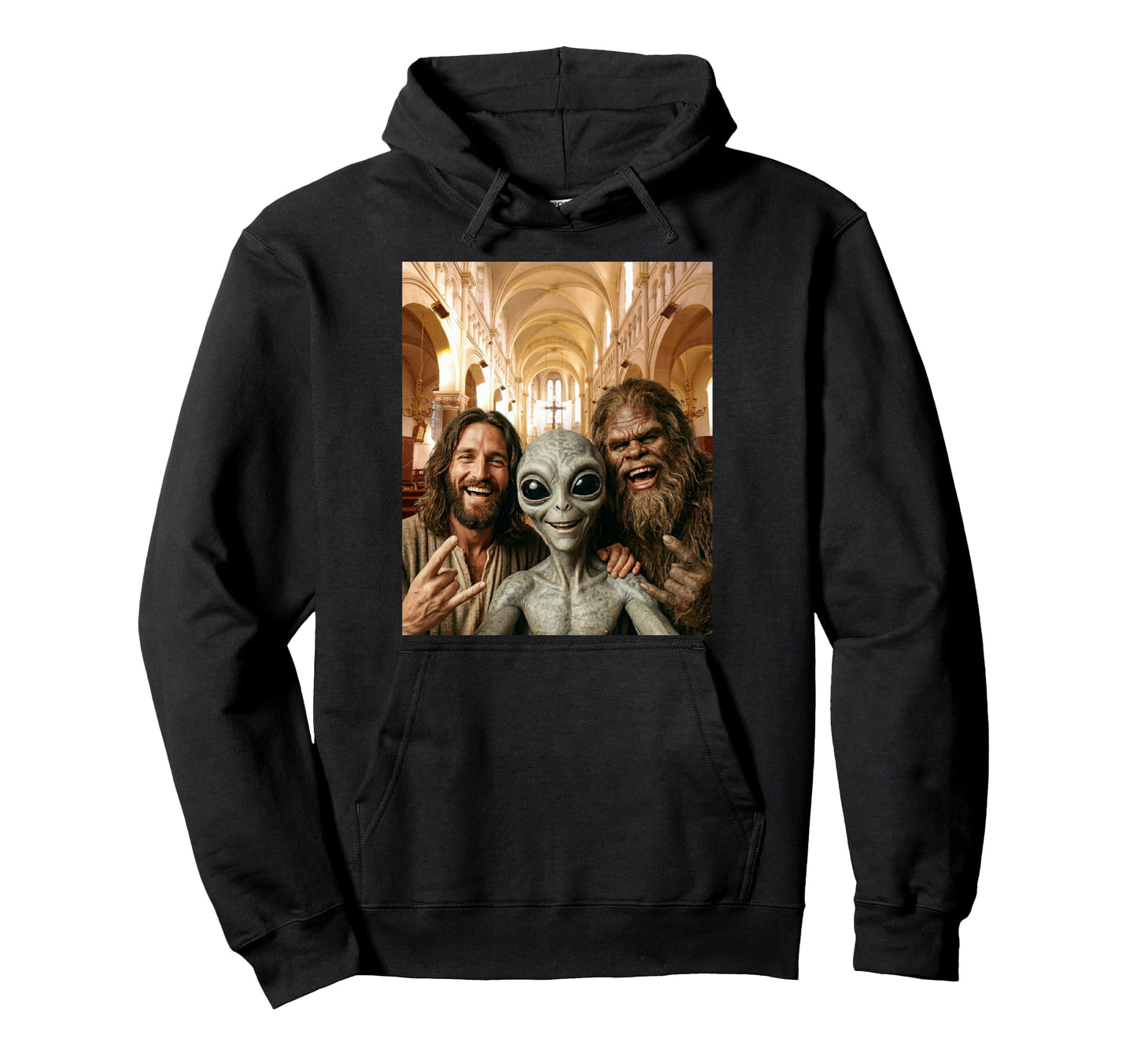 Funny Bigfoot Alien Jesus Rock Hand Hoodie - Fun Novelty Design Unisex - T-Shirt, Sweatshirt, Hoodie