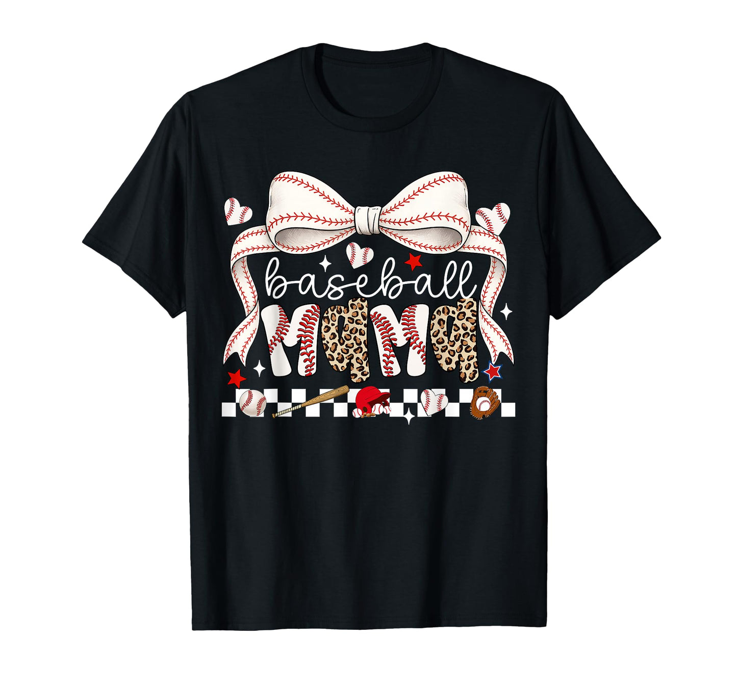 Baseball Mama Game Day Leopard Bow T-Shirt - Unique Graphic Men Women - T-Shirt, Sweatshirt, Hoodie