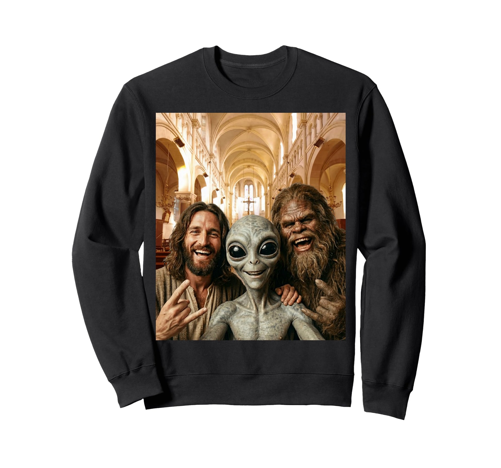 Funny Bigfoot Alien Jesus Rock Hand Sweatshirt - Custom Art Print Unisex - T-Shirt, Sweatshirt, Hoodie