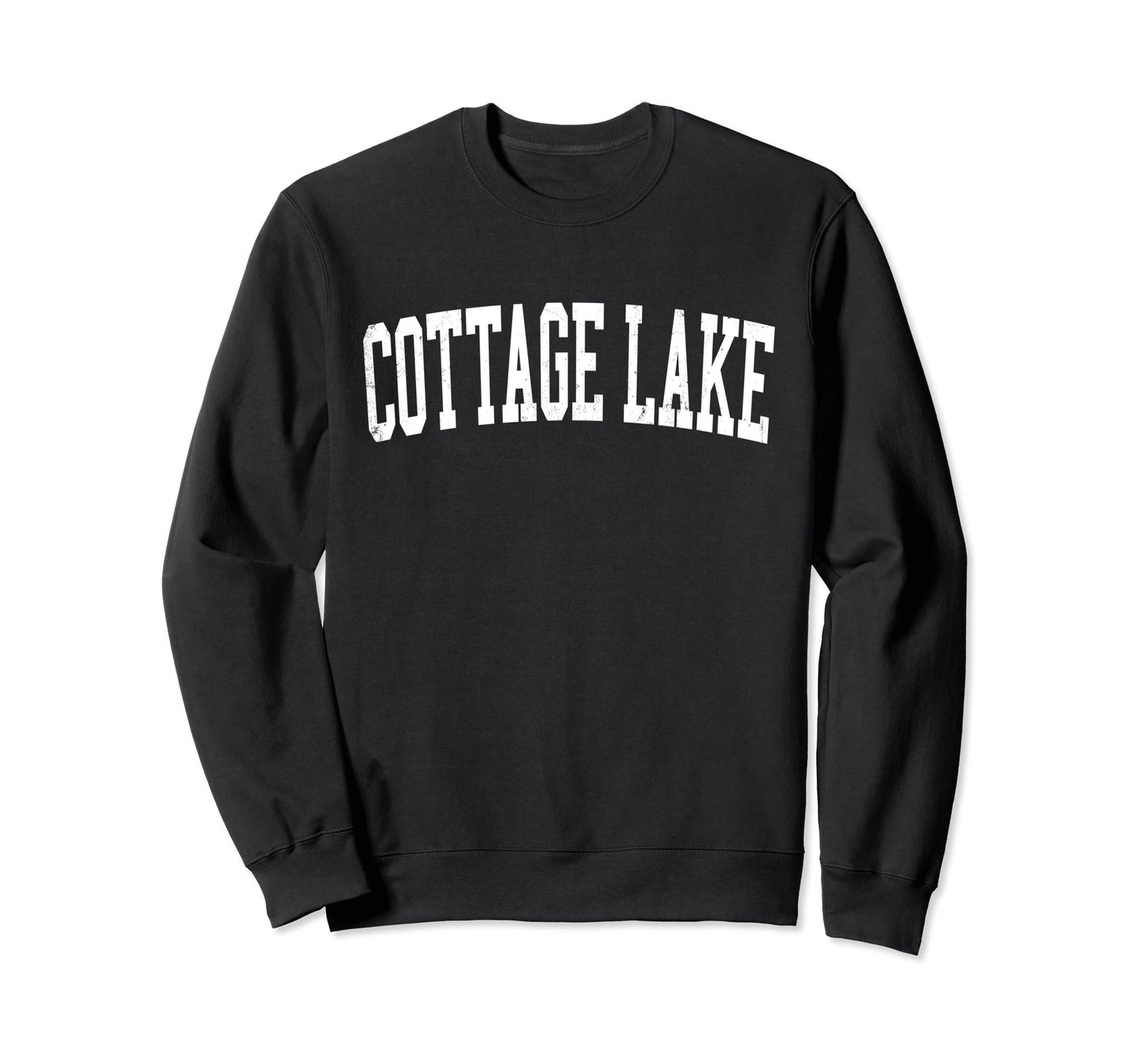 Cottage Lake Wa Distressed White Varsity Sweatshirt - Trendy Graphic Unisex - T-Shirt, Sweatshirt, Hoodie