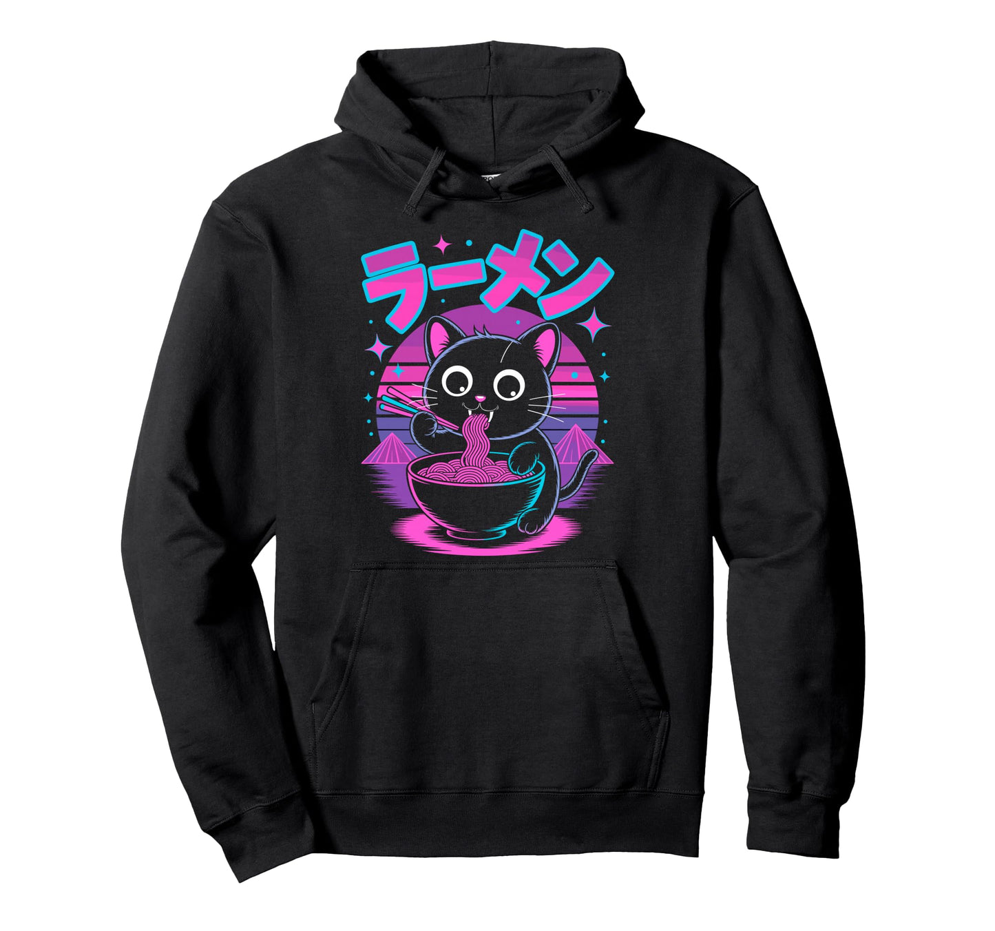 Synthwave Cat Ramen Anime Noodle Hoodie - Trendy Graphic for Adults - T-Shirt, Sweatshirt, Hoodie