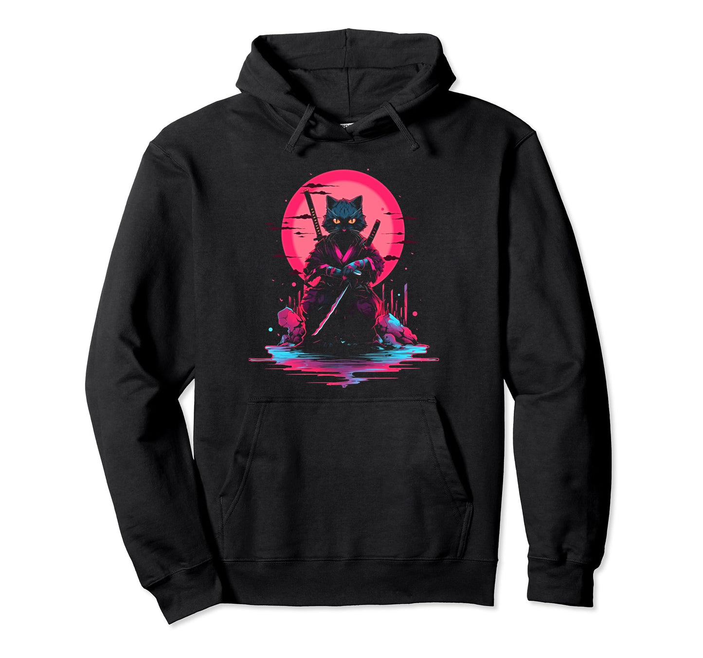 Synthwave Cat Samurai Mediation Hoodie - Minimalist Print Men Women - T-Shirt, Sweatshirt, Hoodie