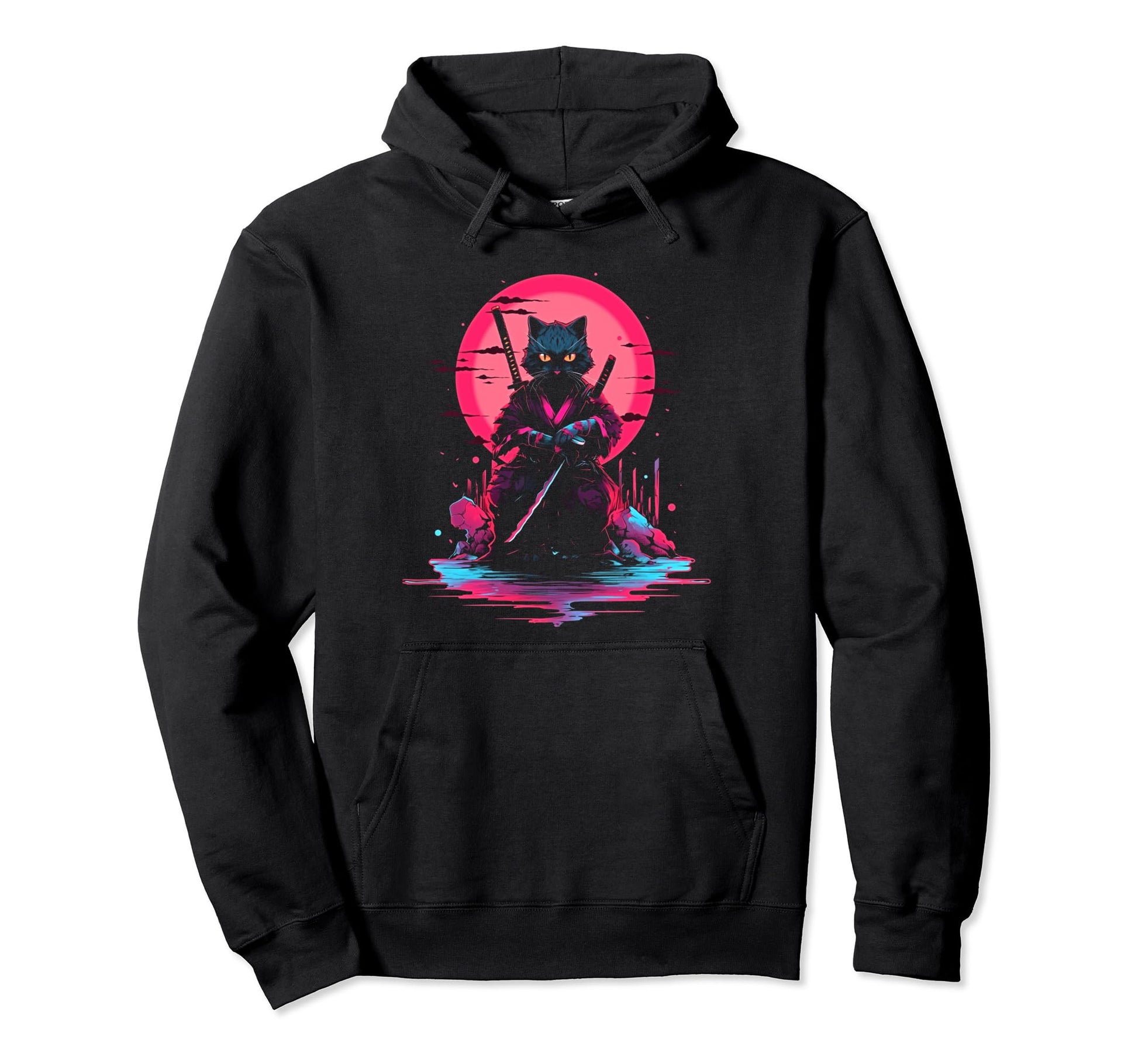 Synthwave Cat Samurai Mediation Hoodie - Minimalist Print Men Women - T-Shirt, Sweatshirt, Hoodie