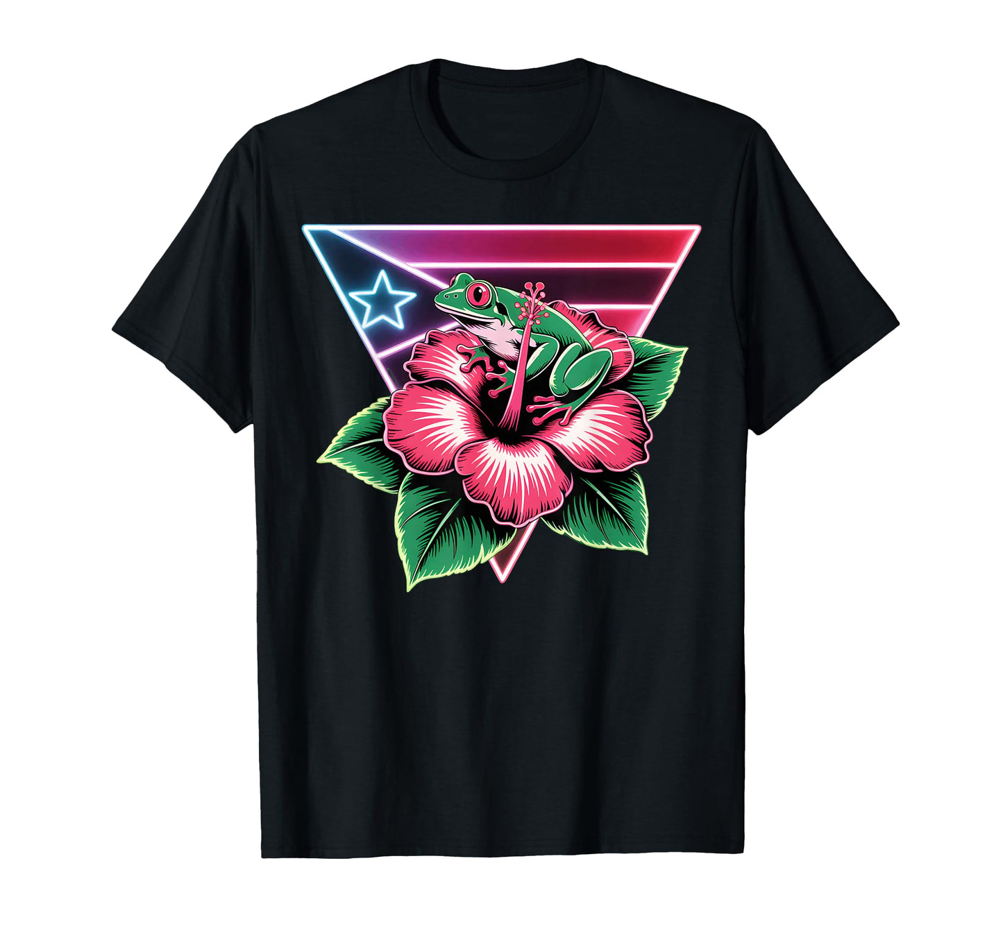 Puerto Rico Coqui Frog Hibiscus Flag 80S T-Shirt - Custom Art Print Unisex - T-Shirt, Sweatshirt, Hoodie