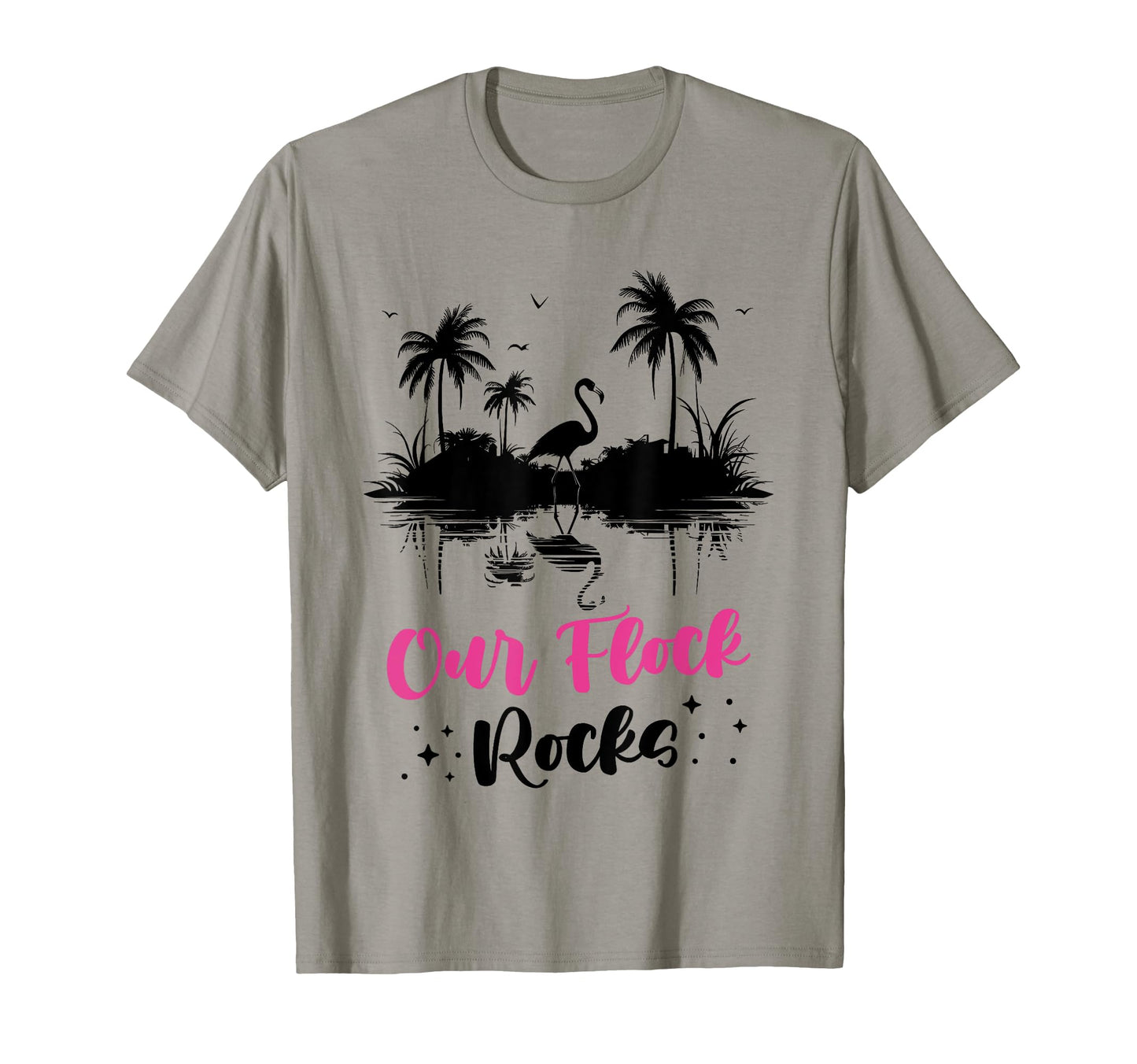 Our Flock Rocks Flamingo Tropical Sunset T-Shirt - Trendy Graphic Men Women - T-Shirt, Sweatshirt, Hoodie
