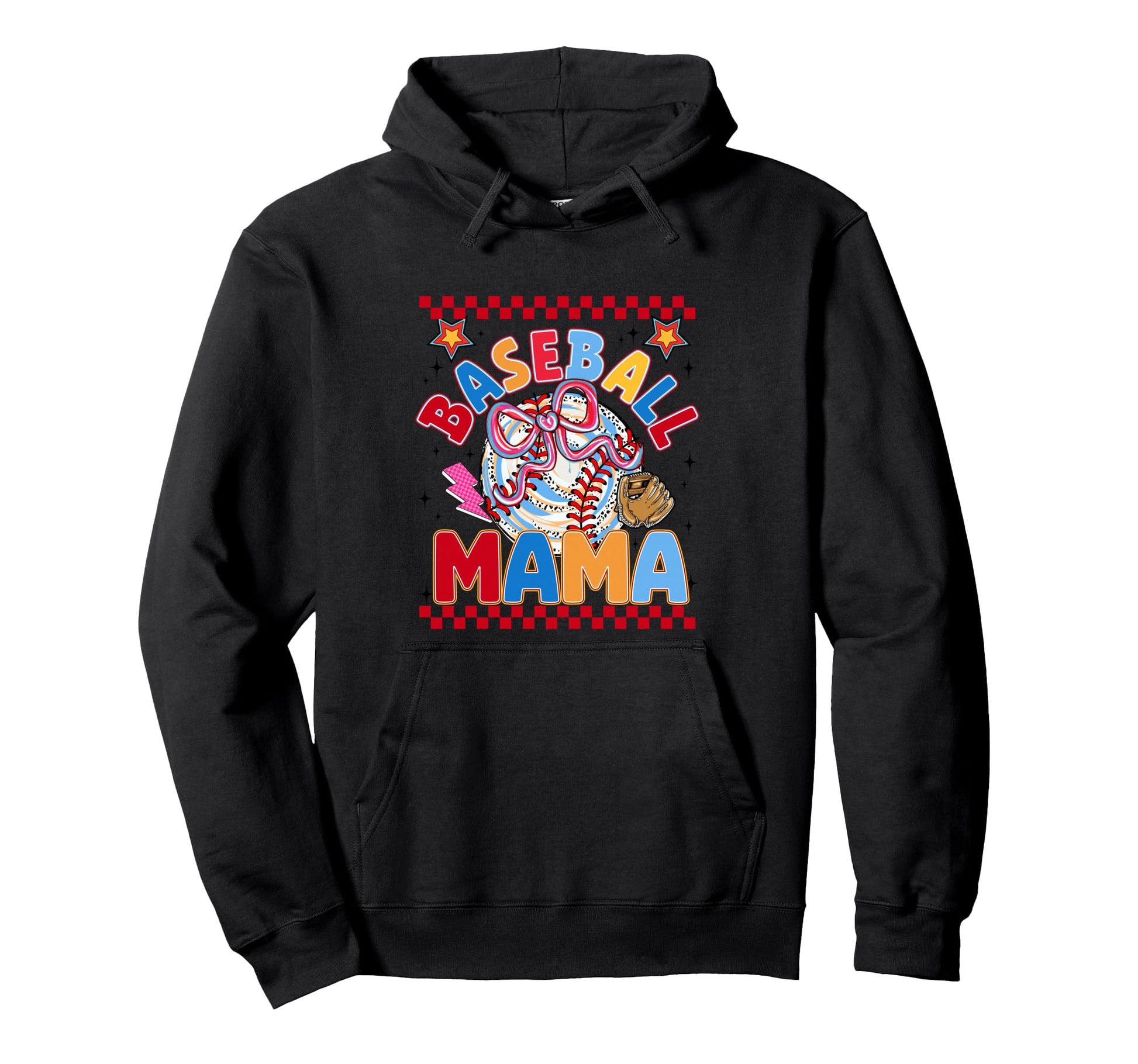 Baseball Mama Bow Glove Checkered Hoodie - Aesthetic Graphic for Adults - T-Shirt, Sweatshirt, Hoodie