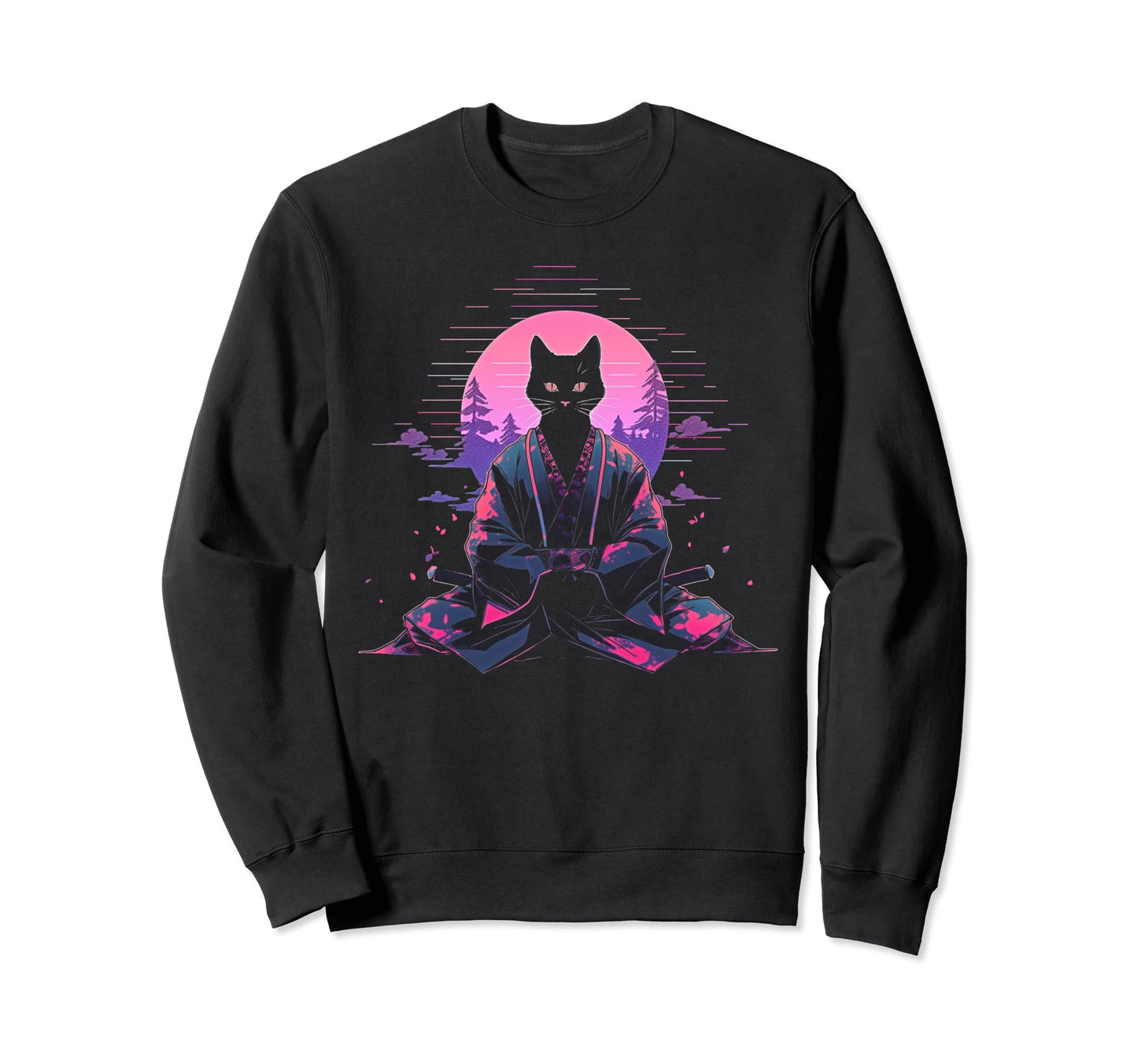 Synthwave Cat Samurai Mediation Sweatshirt - Streetwear Style for Adults - T-Shirt, Sweatshirt, Hoodie